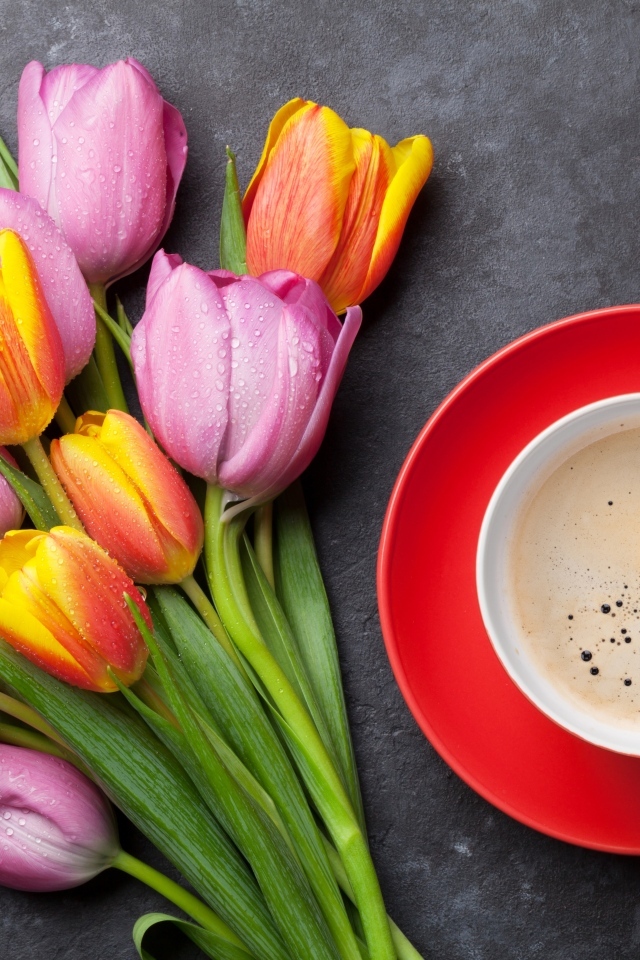 Букет разноцветных весенних тюльпанов на столе с чашкой кофе