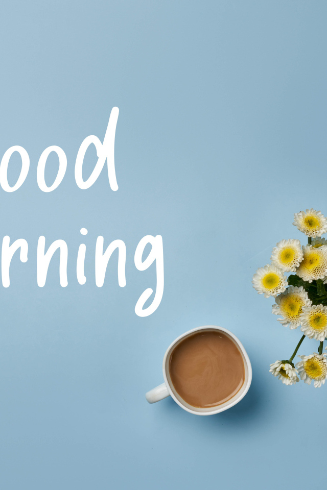 Букет цветов и кофе с пожеланием доброго утра на сером фоне