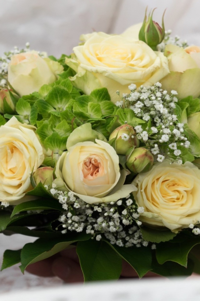 Букет невесты с цветами розы, гортензии и гипсофилы