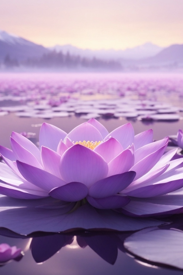 Озеро с крупными розовыми цветами лотоса