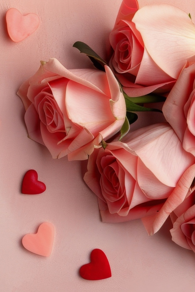 Розовые розы с маленькими сердечками на розовом фоне