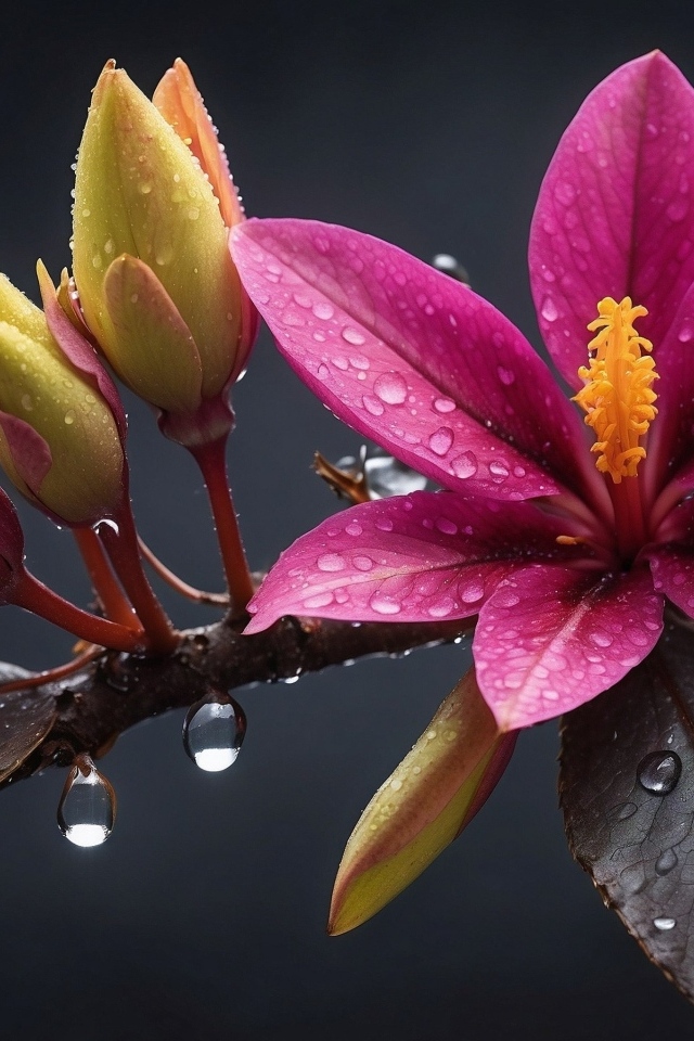 Розовый весенний цветок на ветке с бутонами в каплях дождя