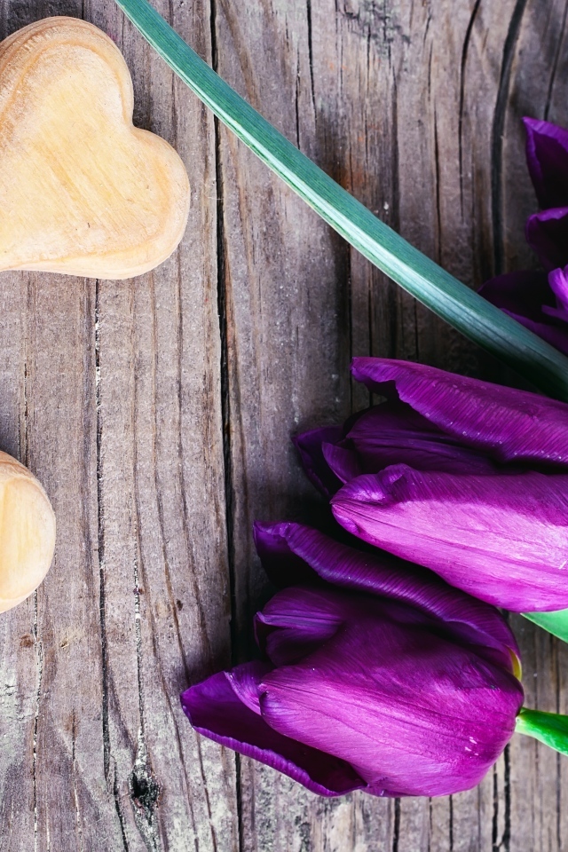 Фиолетовые тюльпаны с деревянными сердечками