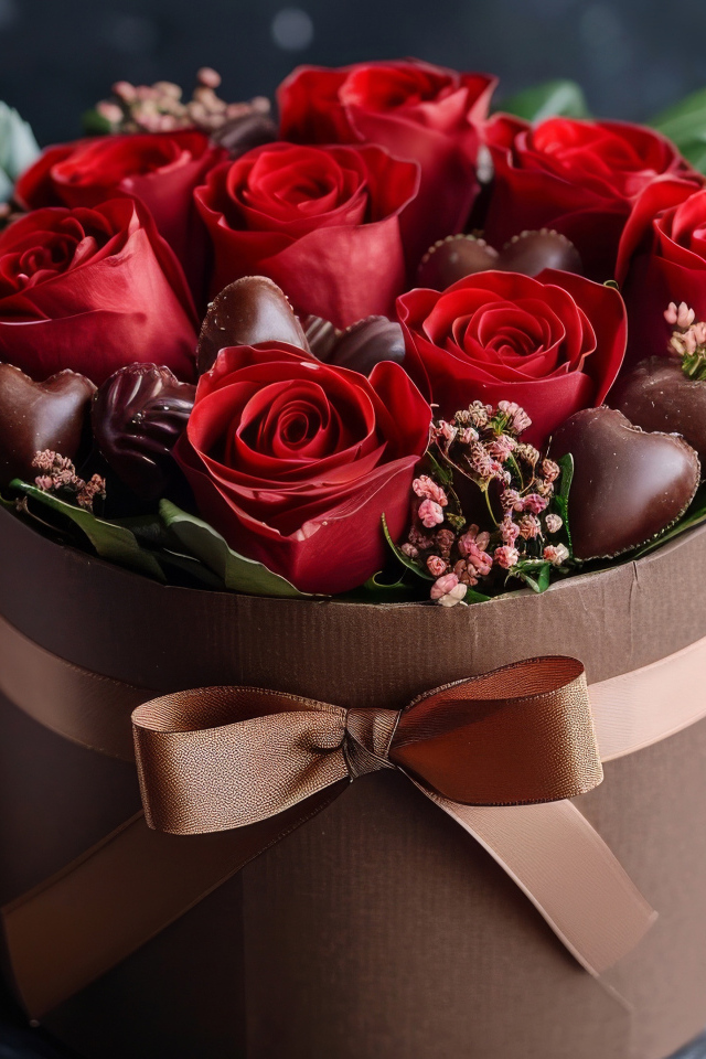Красные розы в коробке с конфетами