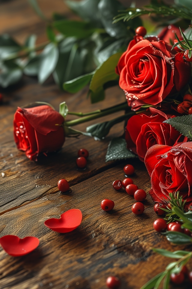 Красные необычные розы на деревянном столе