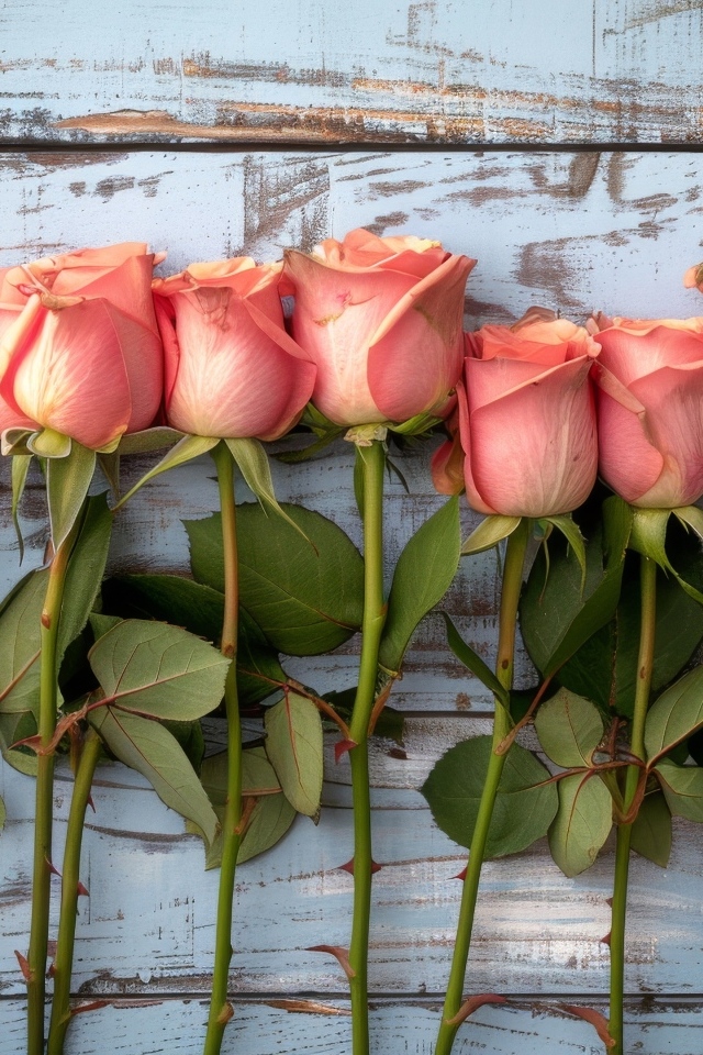 Ряд из розовых роз на деревянном столе