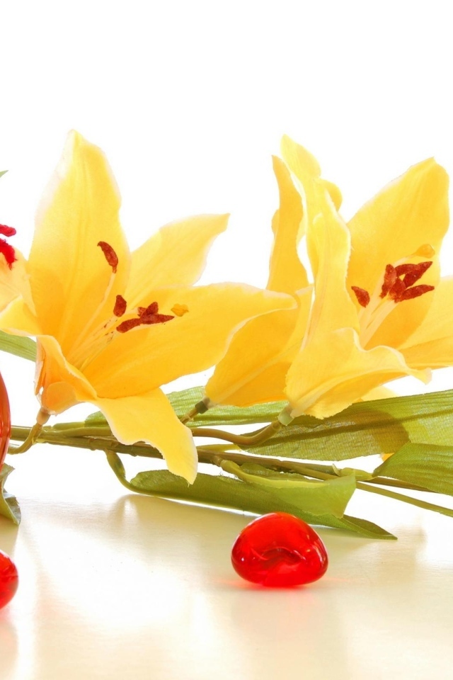 Желтые лилии на белом фоне с духами