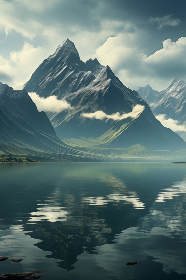 Горы в белых облаках у реки 