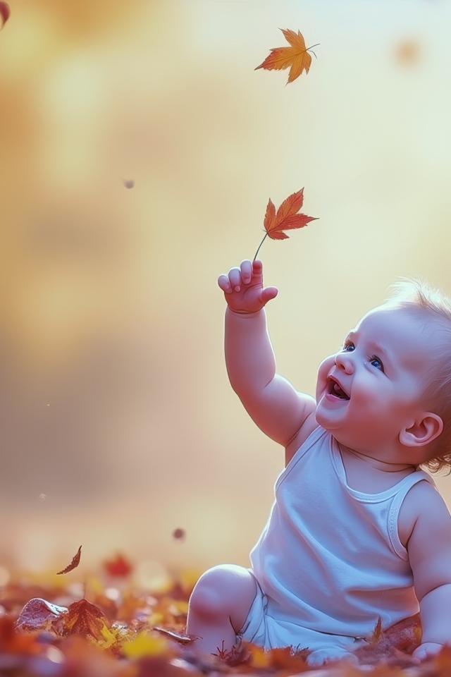 Маленький ребенок сидит на земле с опавшими листьями