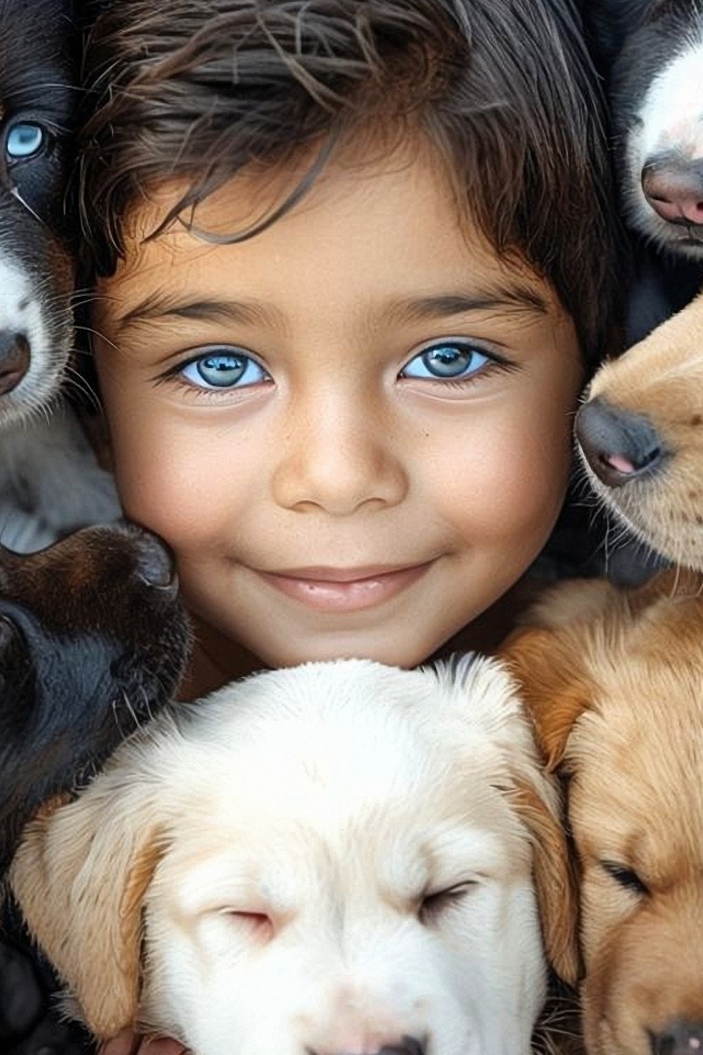 Красивый ребенок с собаками
