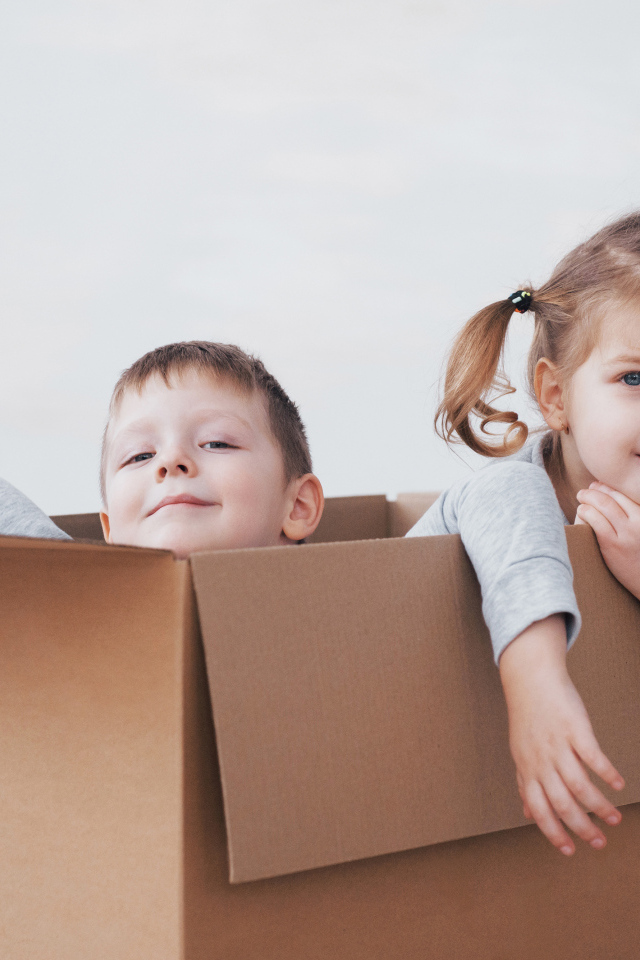 Брат и сестра сидят в картонной коробке