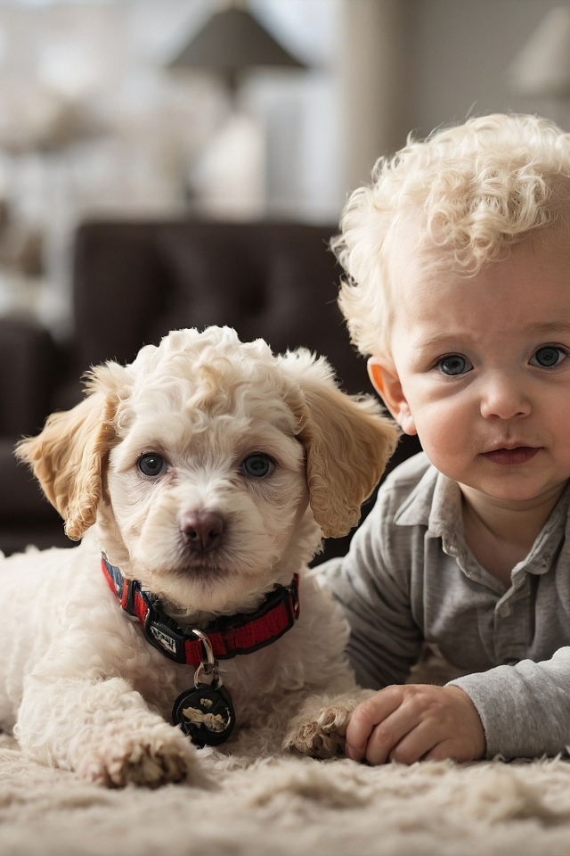 Маленький кудрявый мальчик с щенком
