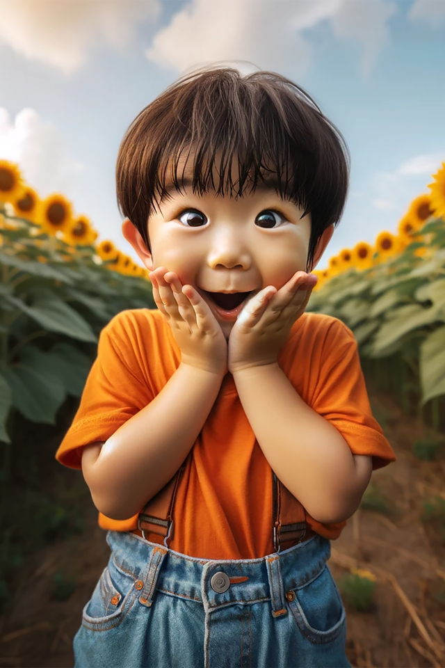 Удивленный азиатский ребенок на поле с подсолнухами