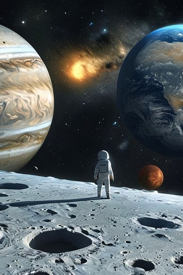 Астронавт в космосе смотрит на планеты