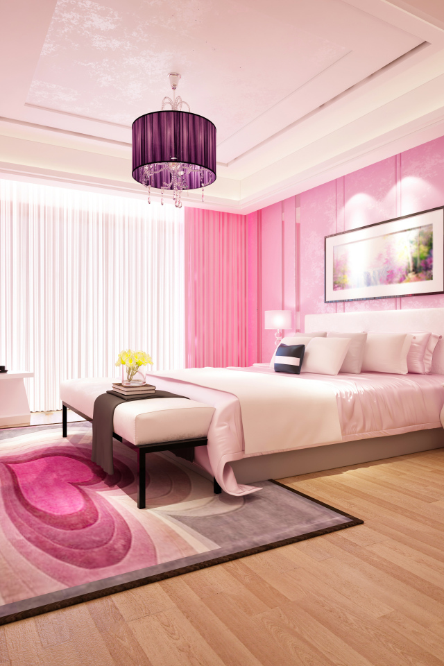 Спальня в розовом цвете с большой кроватью