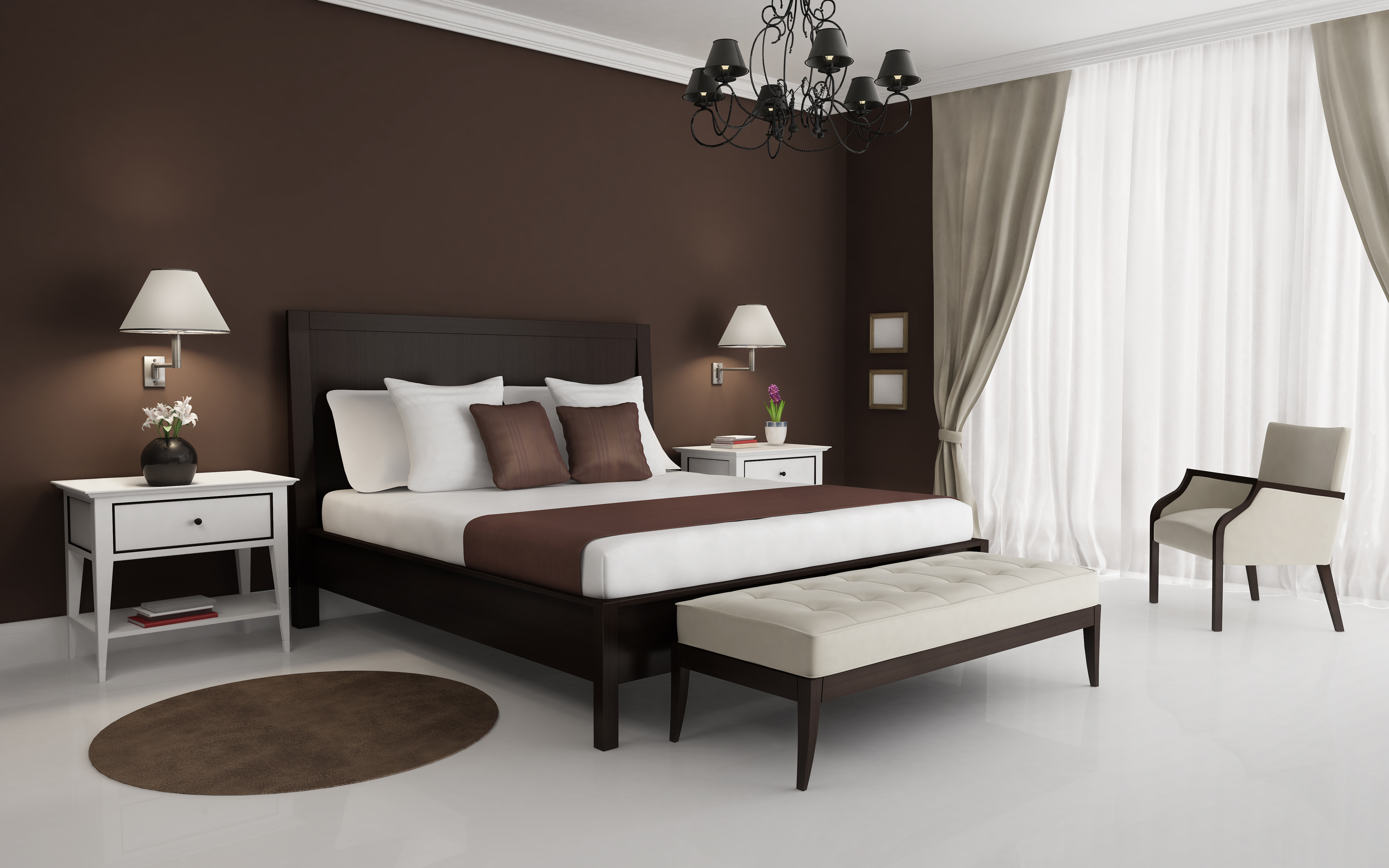 Цвет напротив коричневого. Шоколадные стены в интерьере. Спальня с темной мебелью. Спальня с коричневой мебелью. Интерьер с темной мебелью.