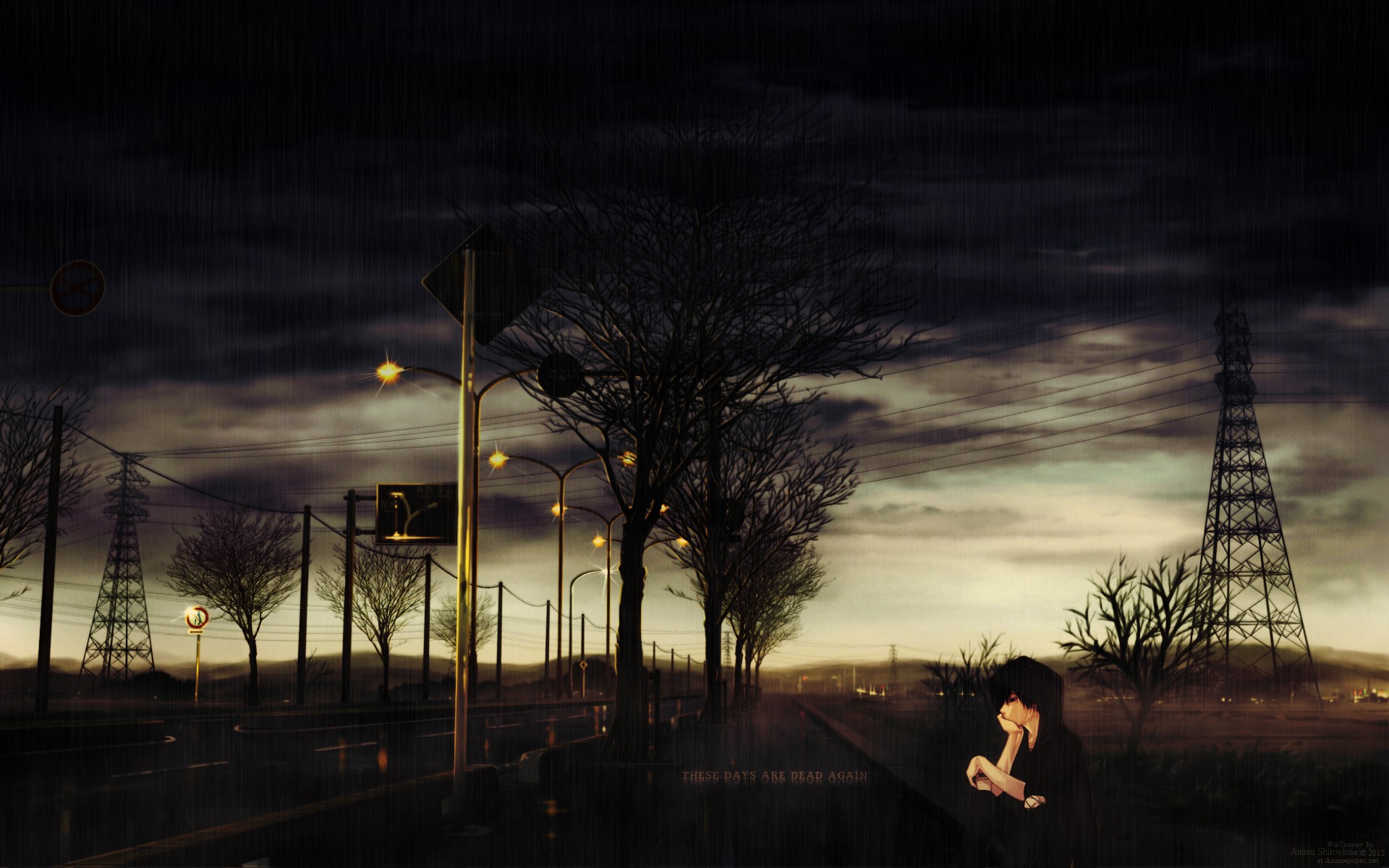 Anime sad guy off the road in the rain Desktop wallpapers 1024x1024