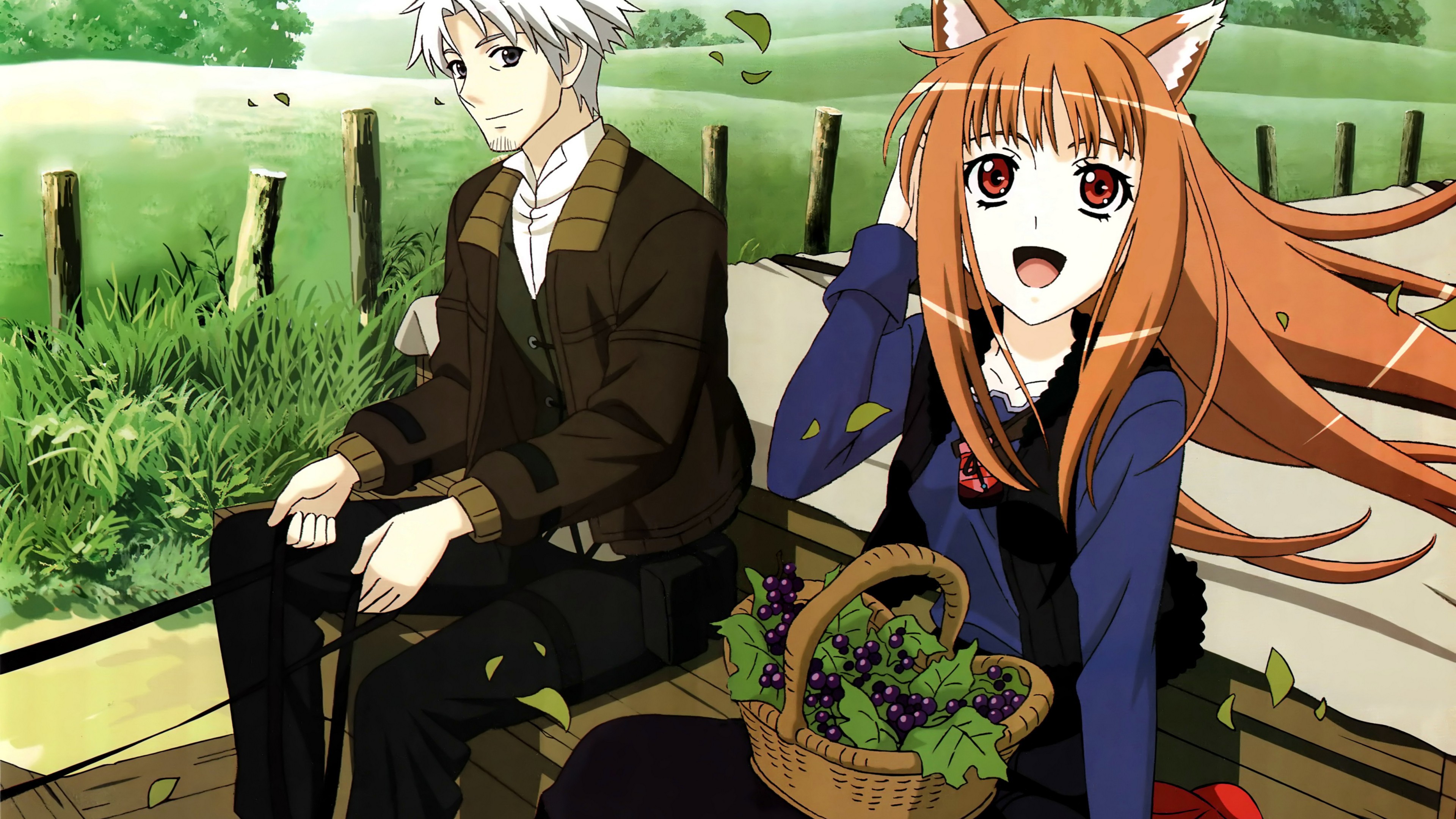 Love couple sitting on a bench in the anime Spice and Wolf Desktop  wallpapers 1920x1200