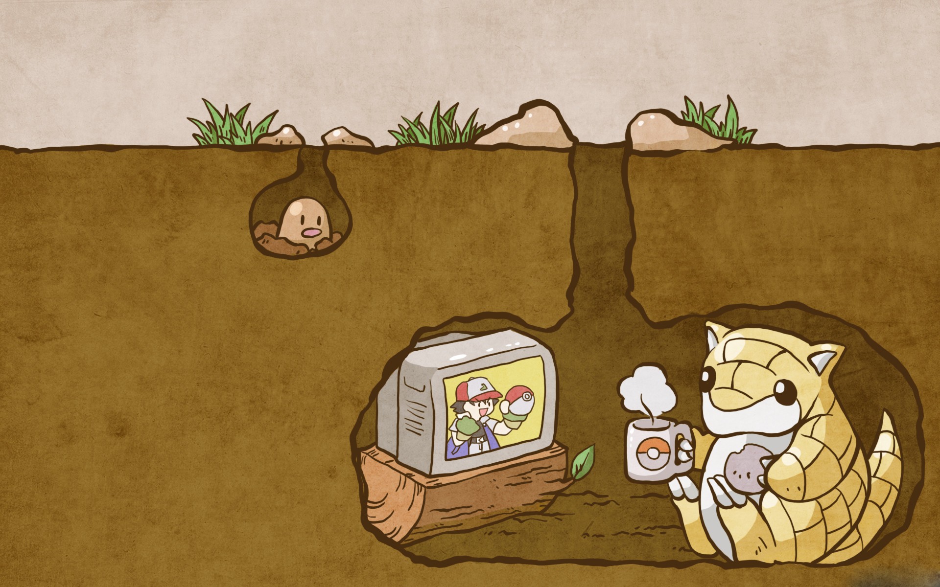 Pokemon watching TV under the ground Desktop wallpapers 1920x1200