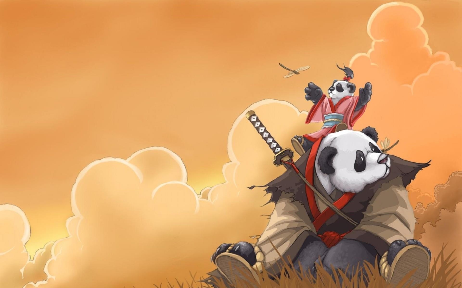 Samurai Panda cub, cartoon Kung Fu Panda Desktop wallpapers 1366x768
