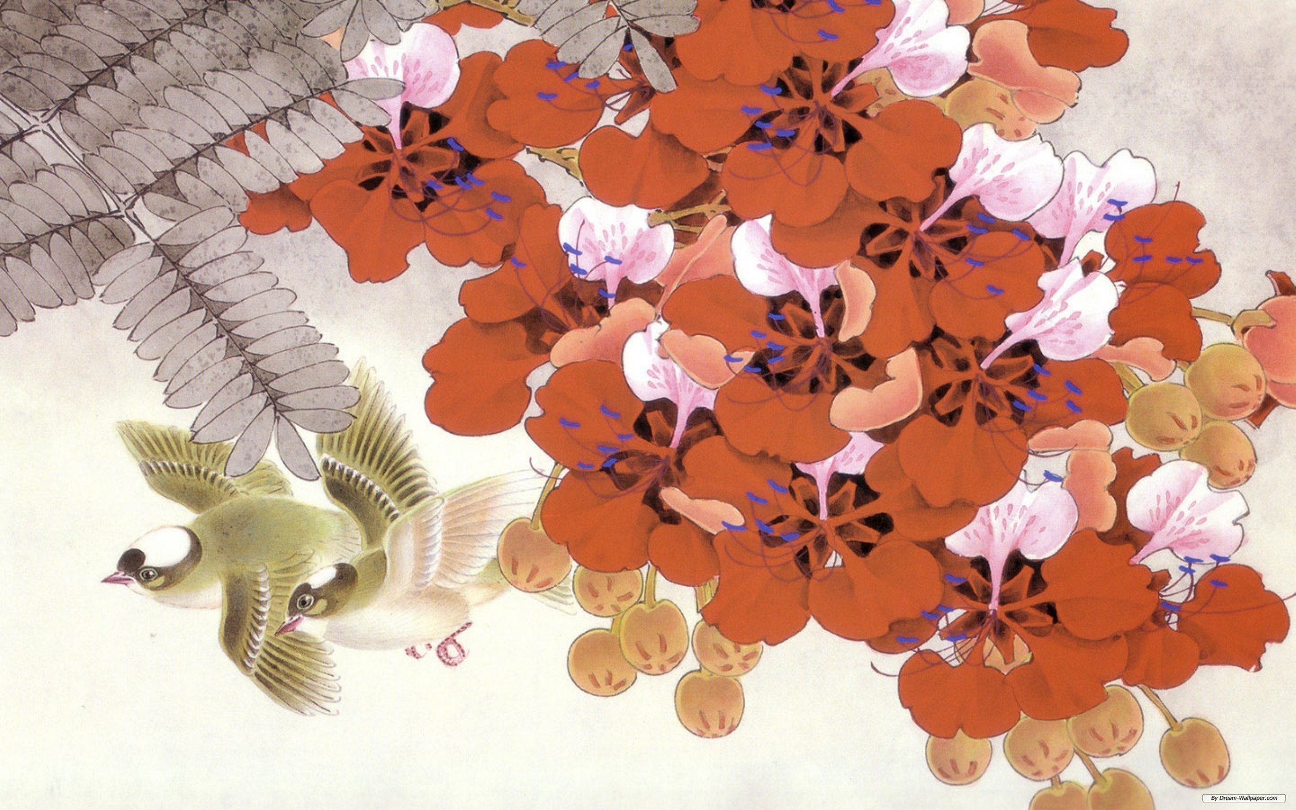 Zastaki.com - Птицы среди красных цветов, японская живопись