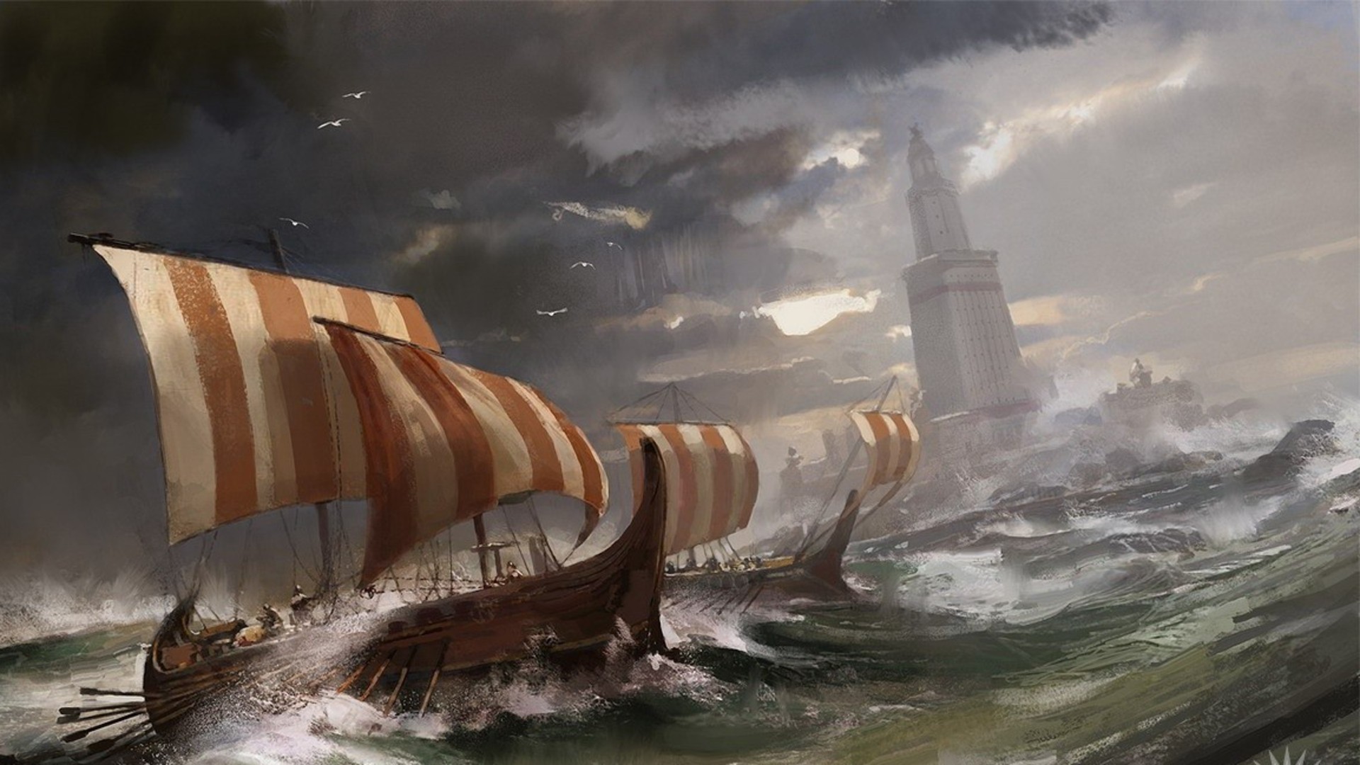 Zastaki.com - Корабли у Александрийского маяка, картина