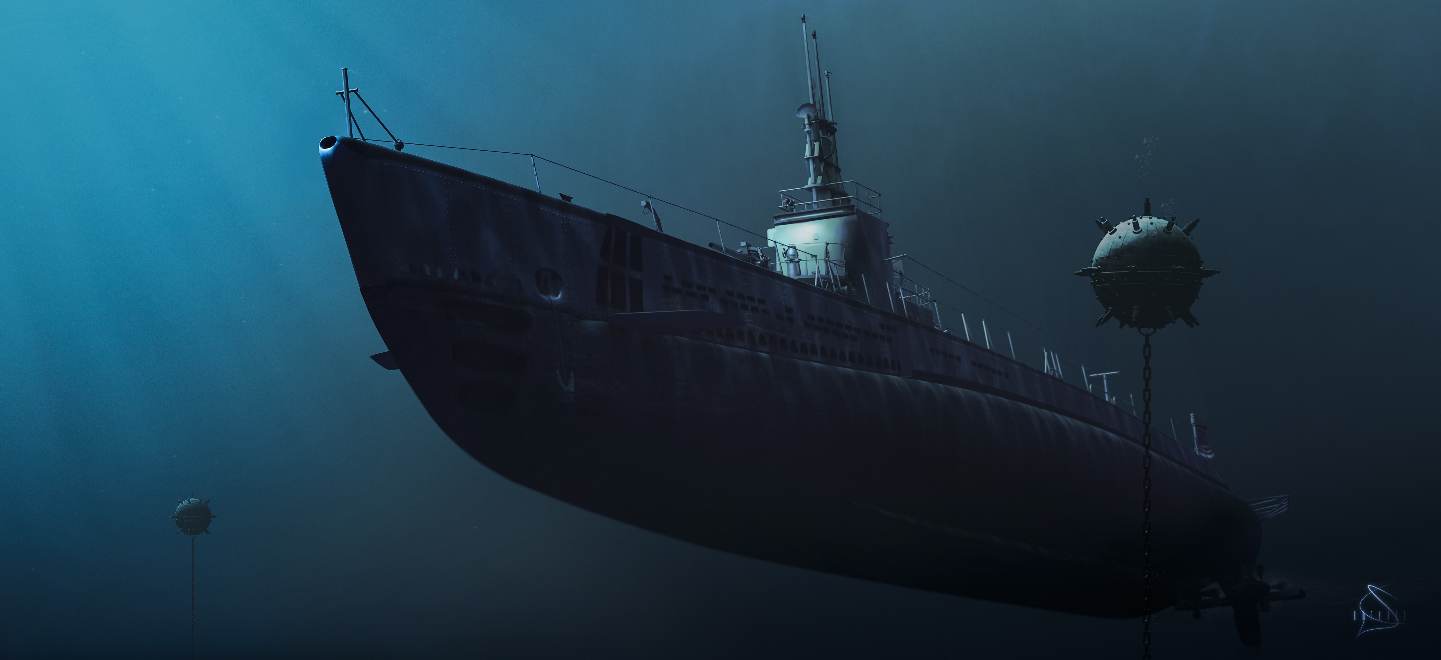 Zastaki.com - Подводная лодка среди мин