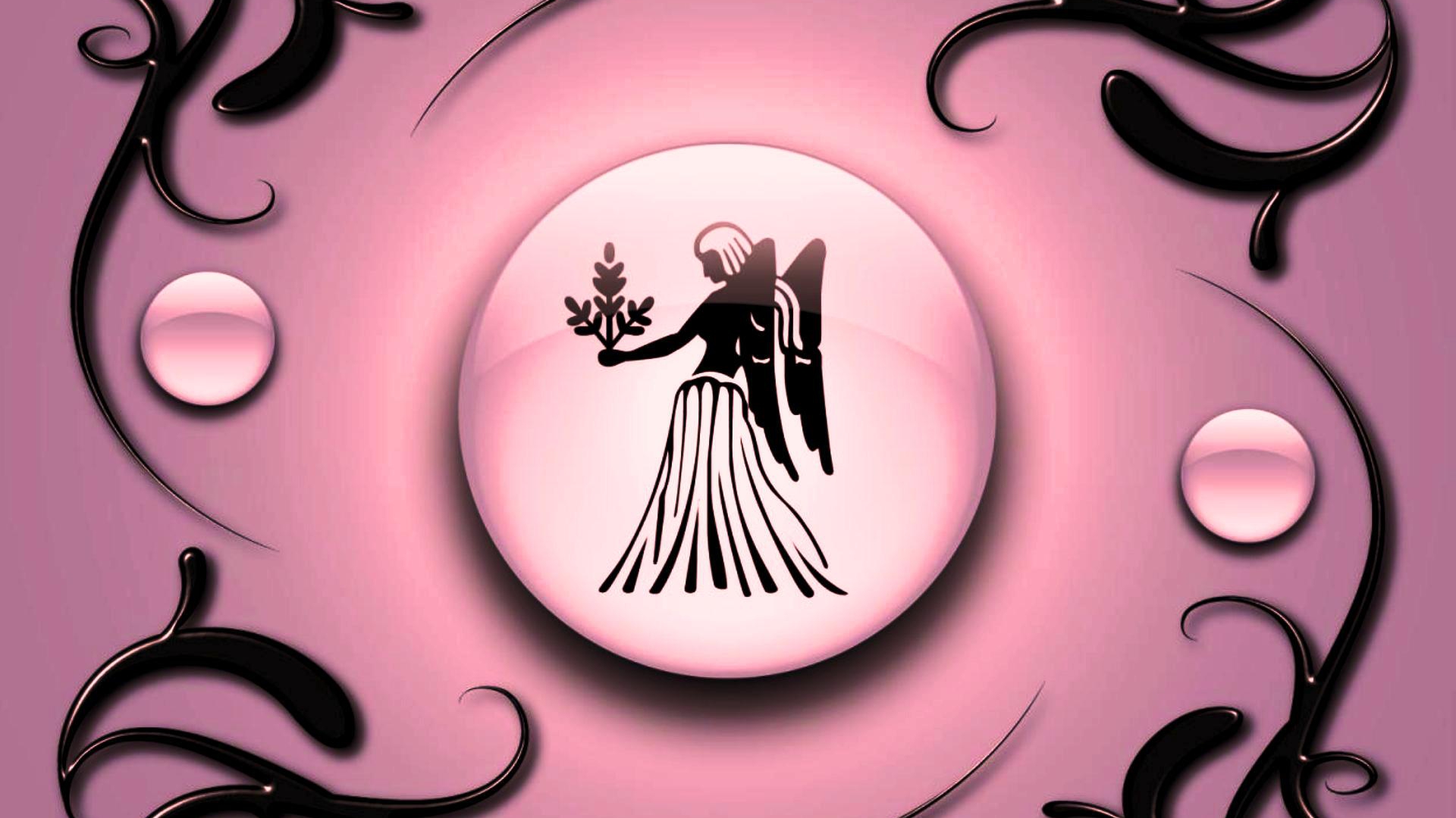 Zastaki.com - Знак зодиака Дева на  розовом фоне с чёрным орнаментом 
