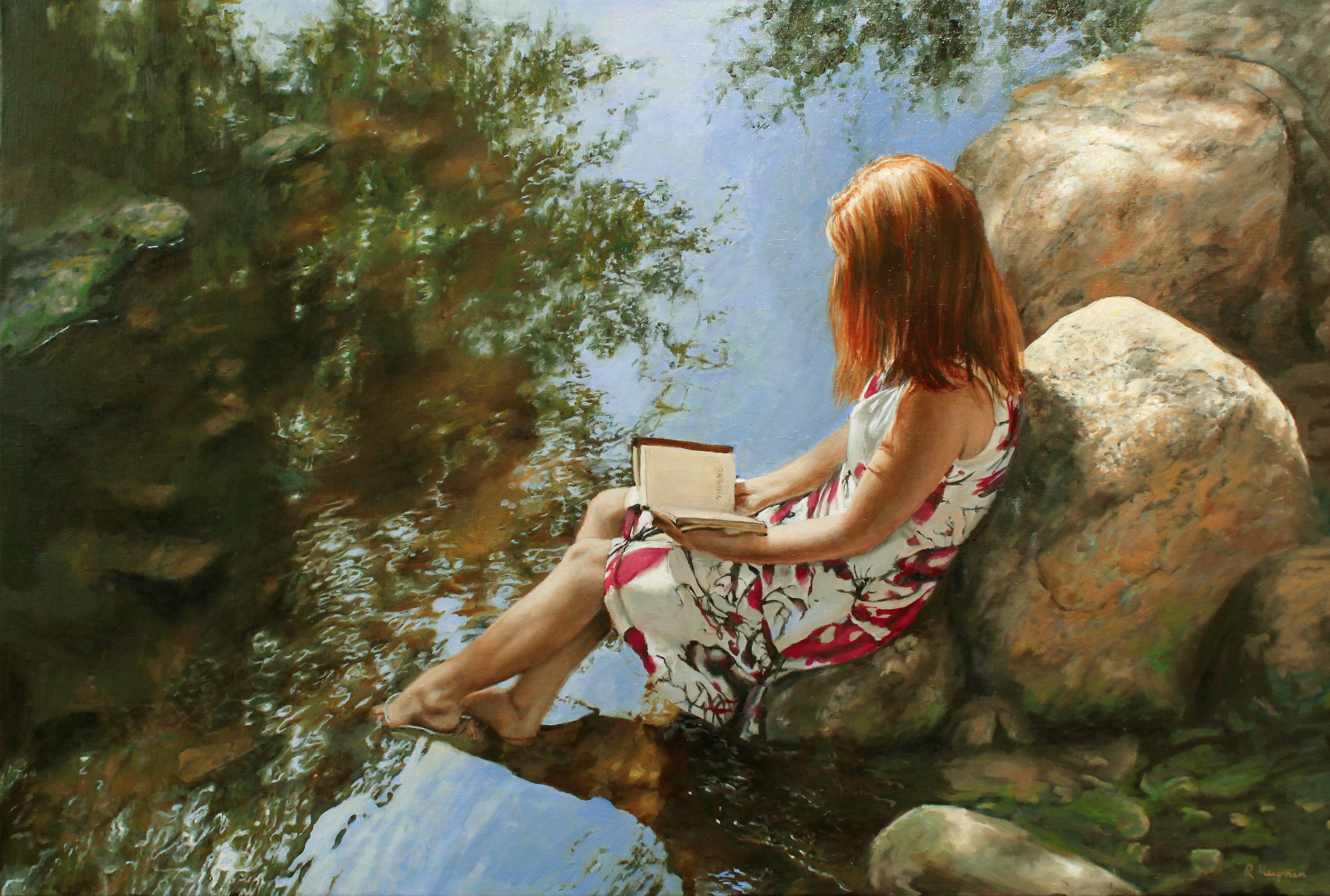 Zastaki.com - Нарисованная девушка с книгой сидит на камне у воды