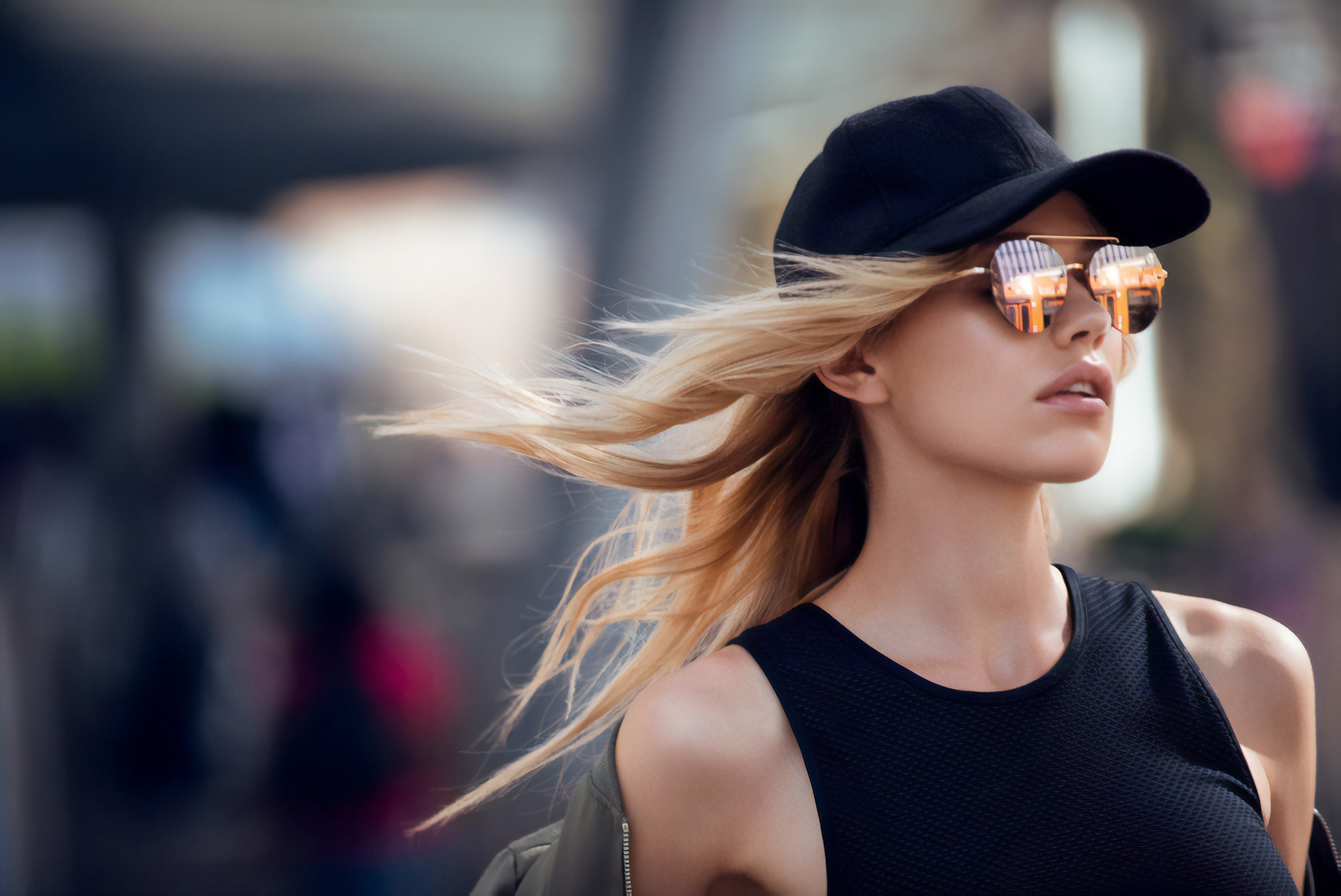 Молодая блондинка в солнечных очках и черной кепке - обои для рабочего стола, картинки, фото