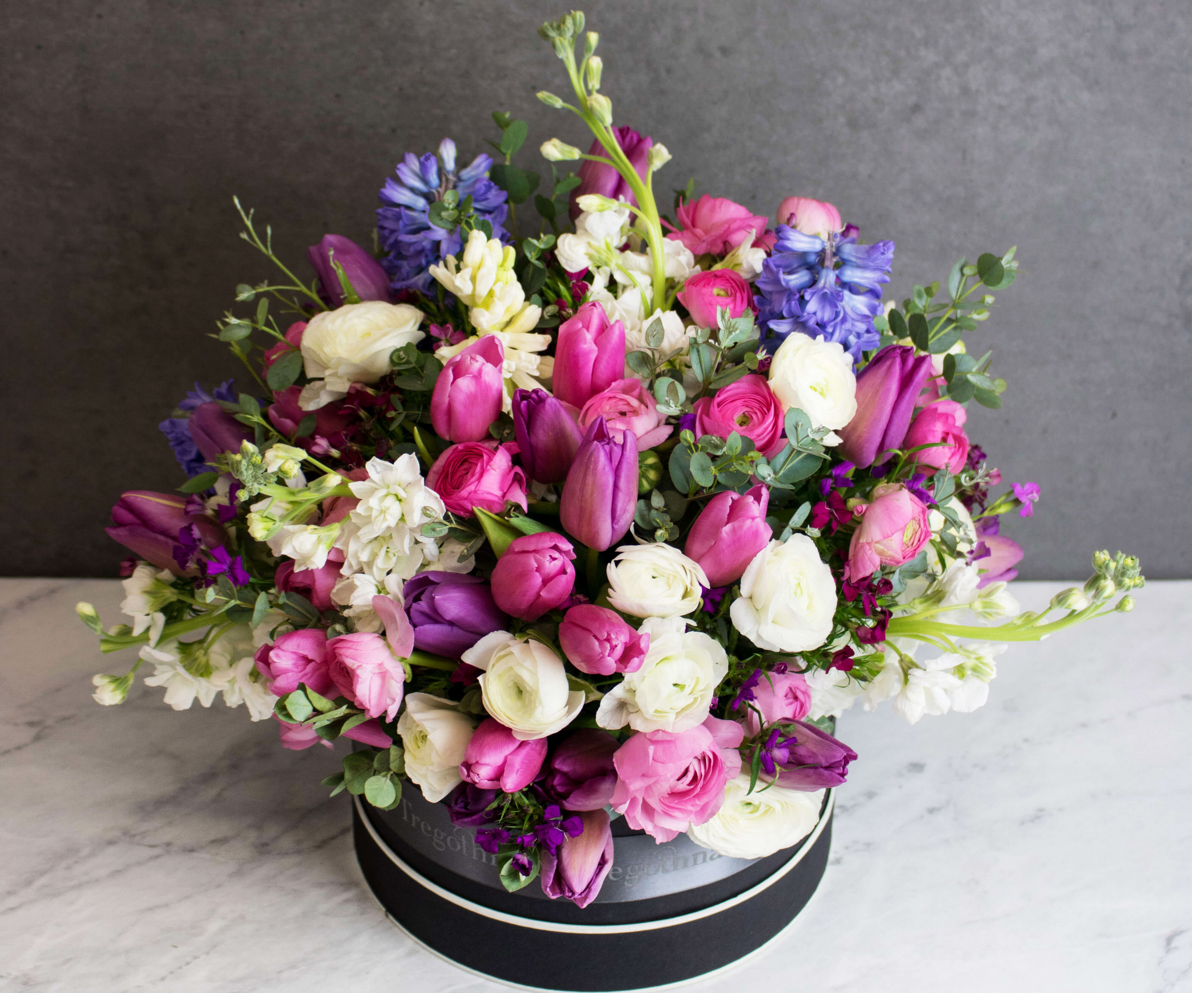 Bouquet With Roses Tulips Matthiola And Hyacinth Flowers