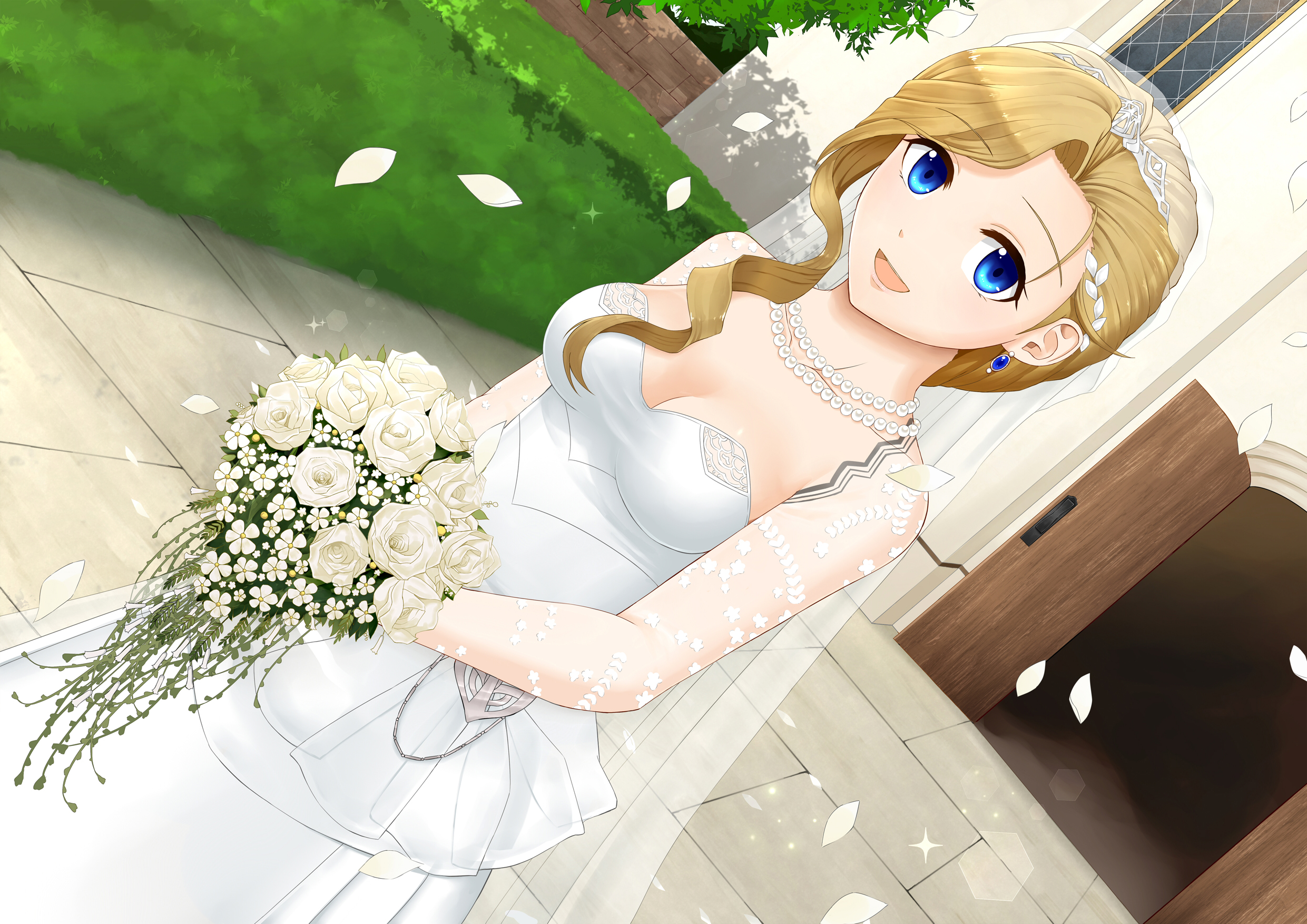 Anime girl in a white wedding dress with a bouquet Desktop wallpapers  1920x1080