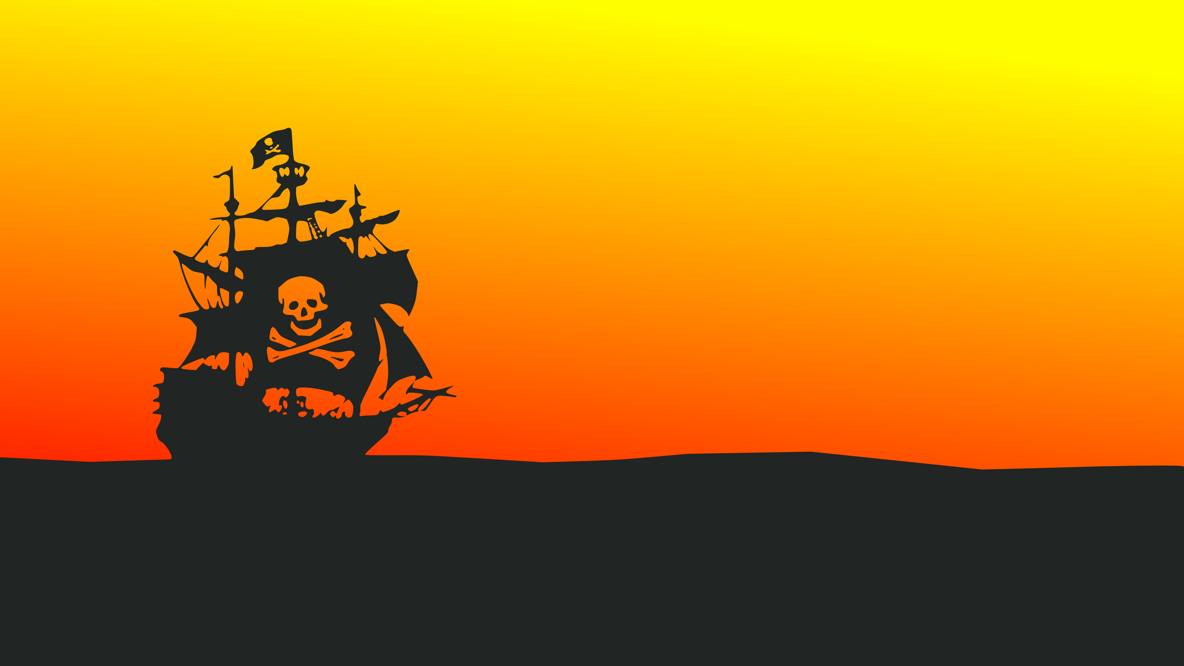 Zastaki.com - Черный пиратский корабль на оранжевом фоне 