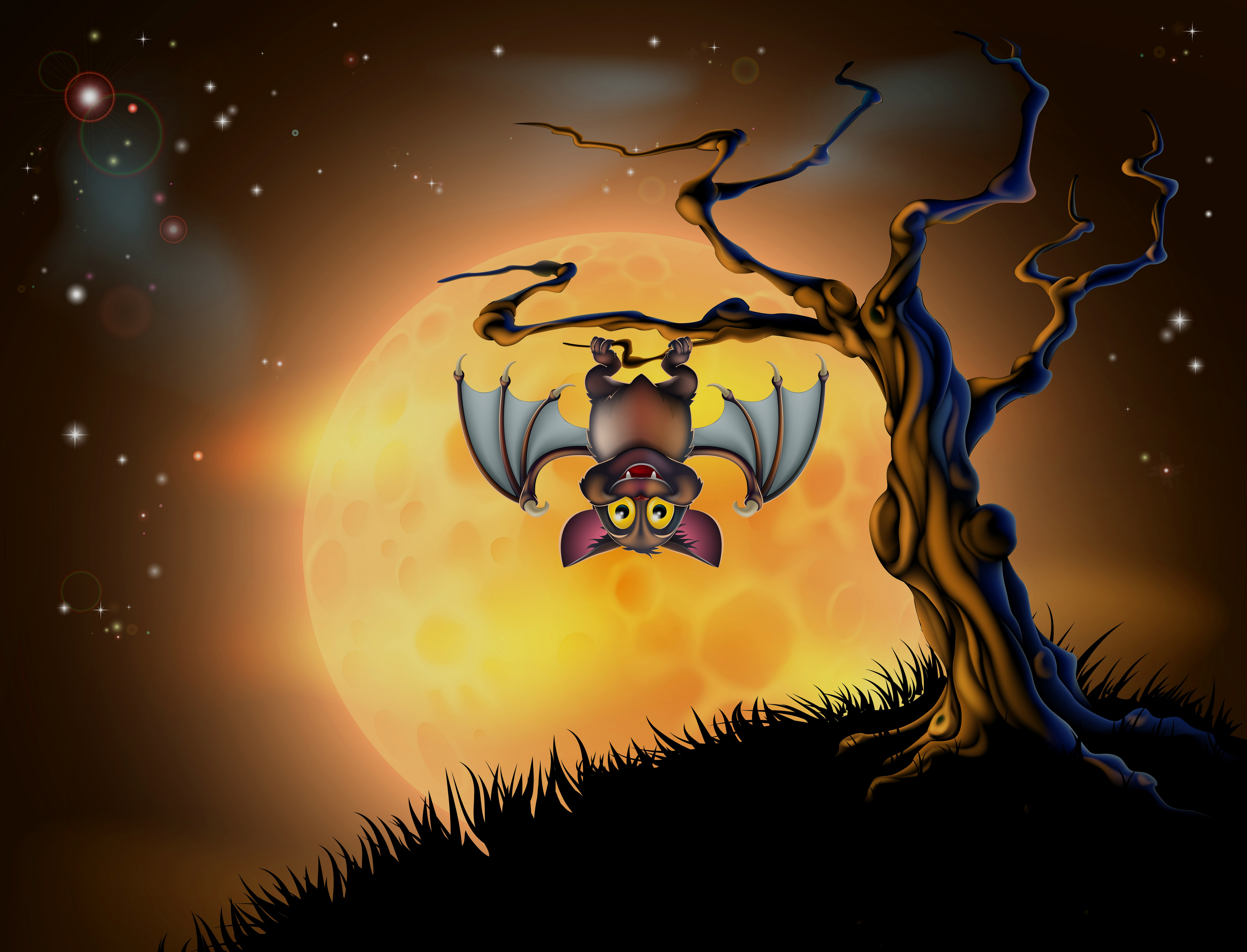 Zastaki.com - Смешная летучая мышь на дереве на фоне луны