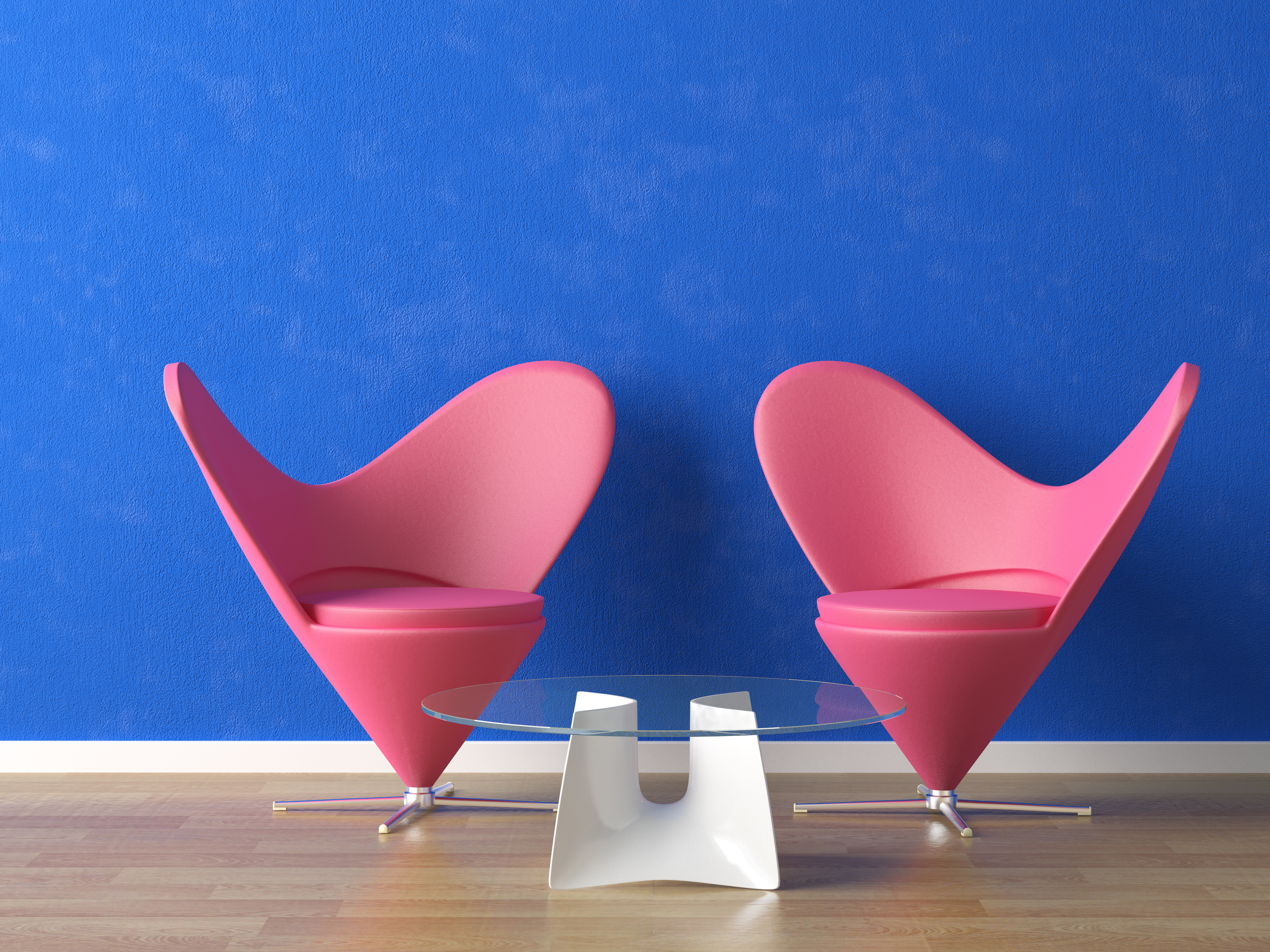 Zastaki.com - Два розовых кресла и стеклянный столик у синей стены 