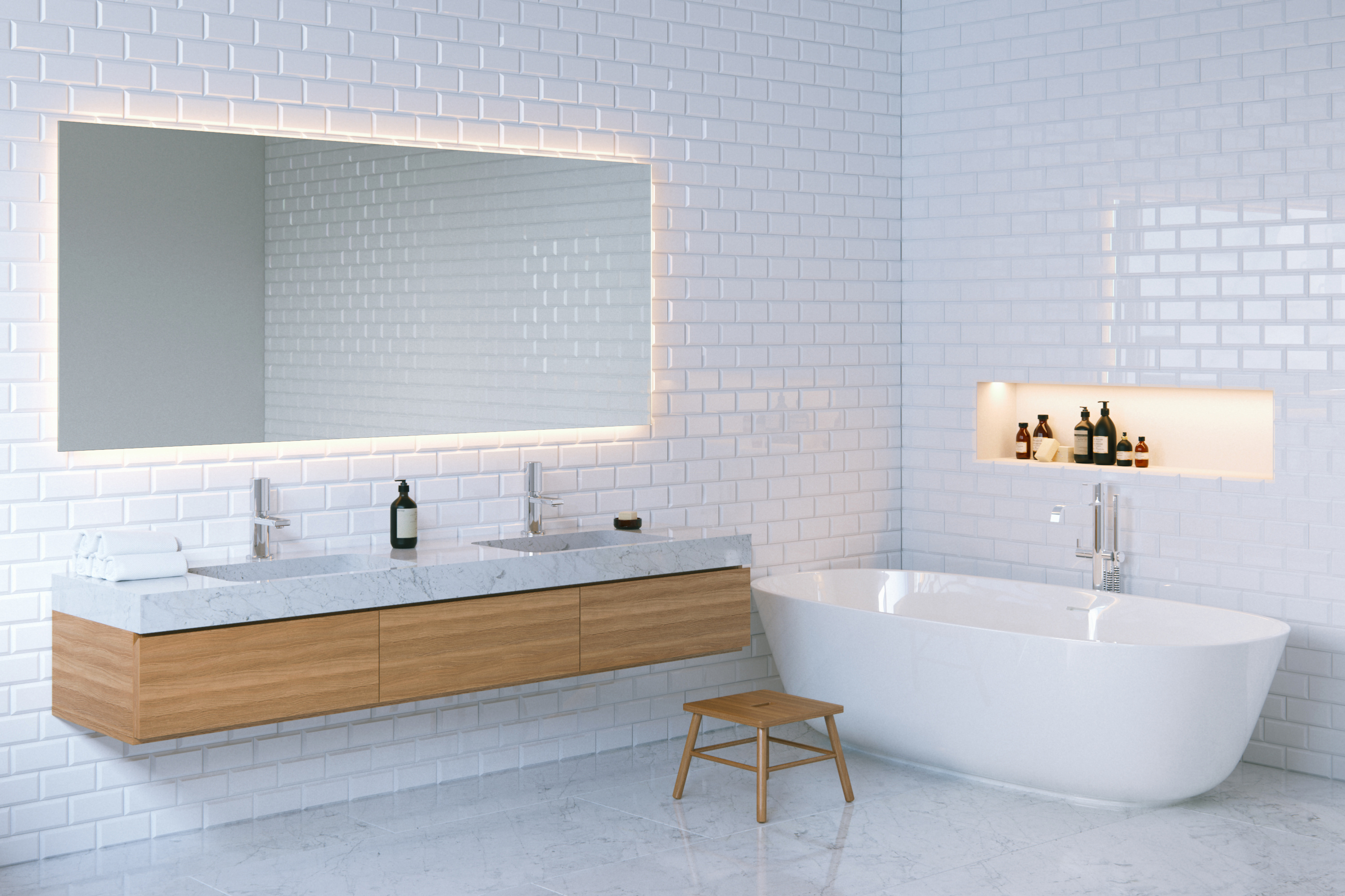 Zastaki.com - Ванная комната с белыми стенами и большим зеркалом 