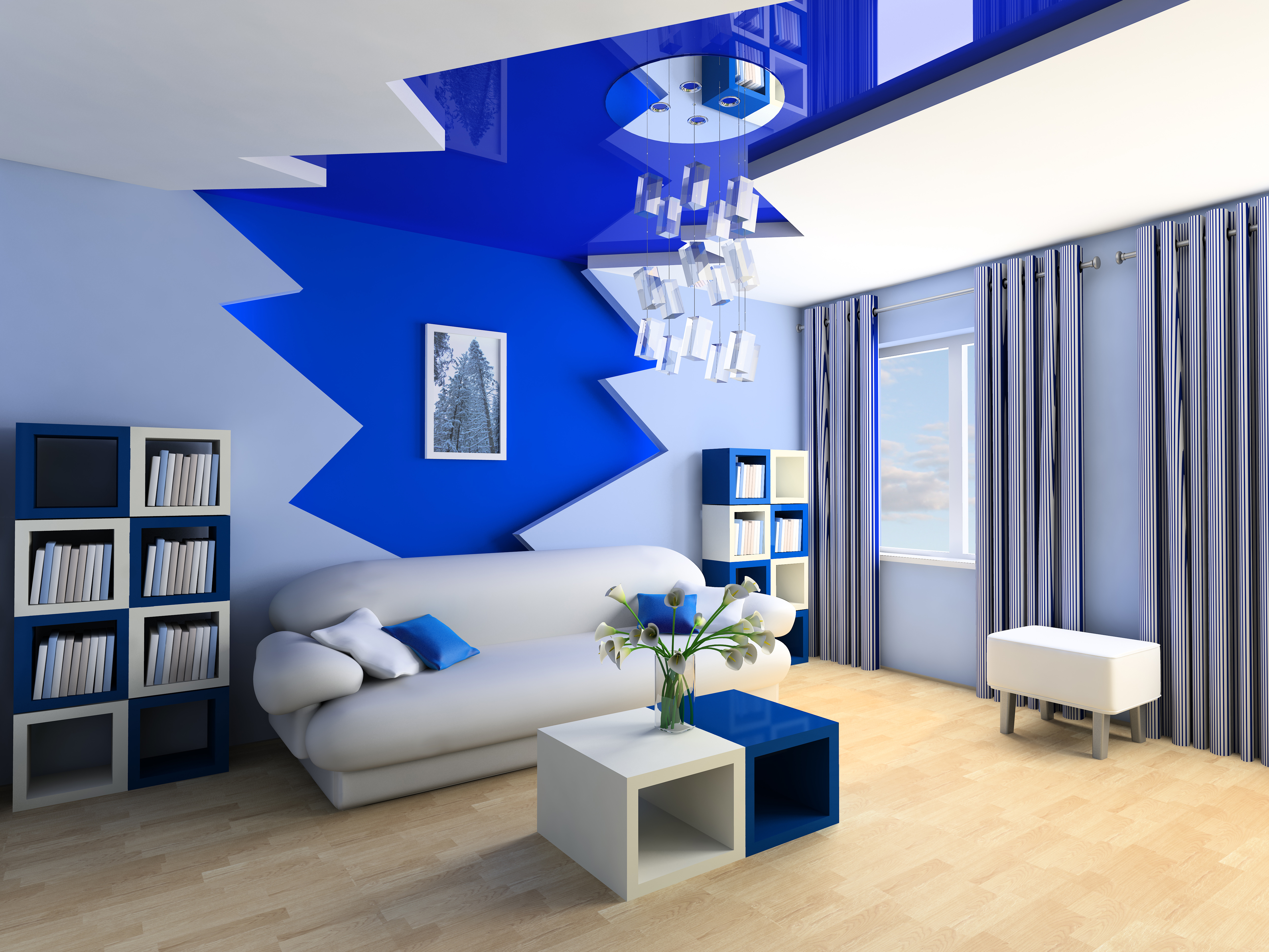 Красивые синие комнаты. Интерьер в синих тонах. Интерьер в сине белых тонах. Синий натяжной потолок. Комната в синих тонах интерьер.