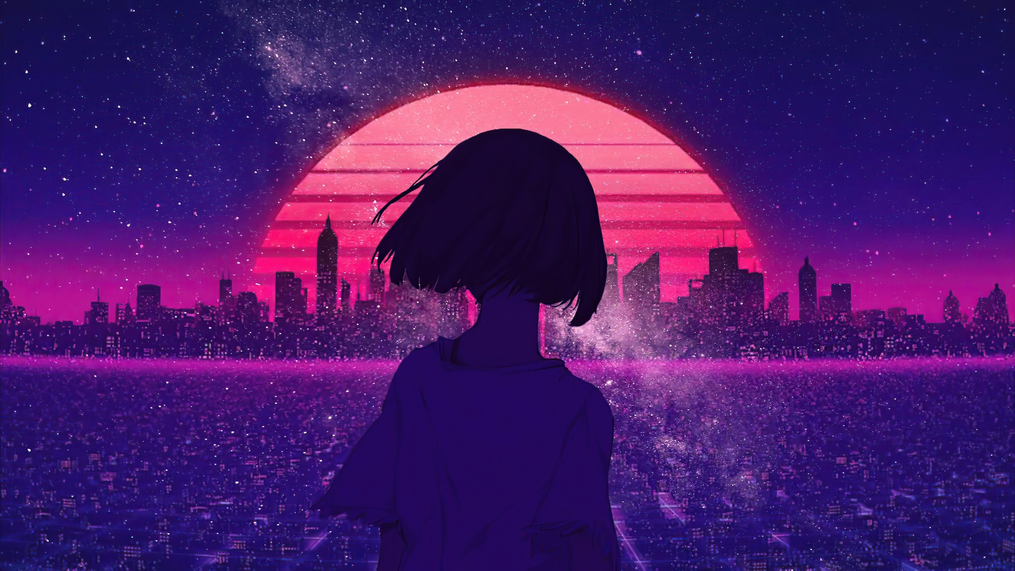 Девушка аниме на фоне ночного мегаполиса - обои для рабочего стола,  картинки, фото