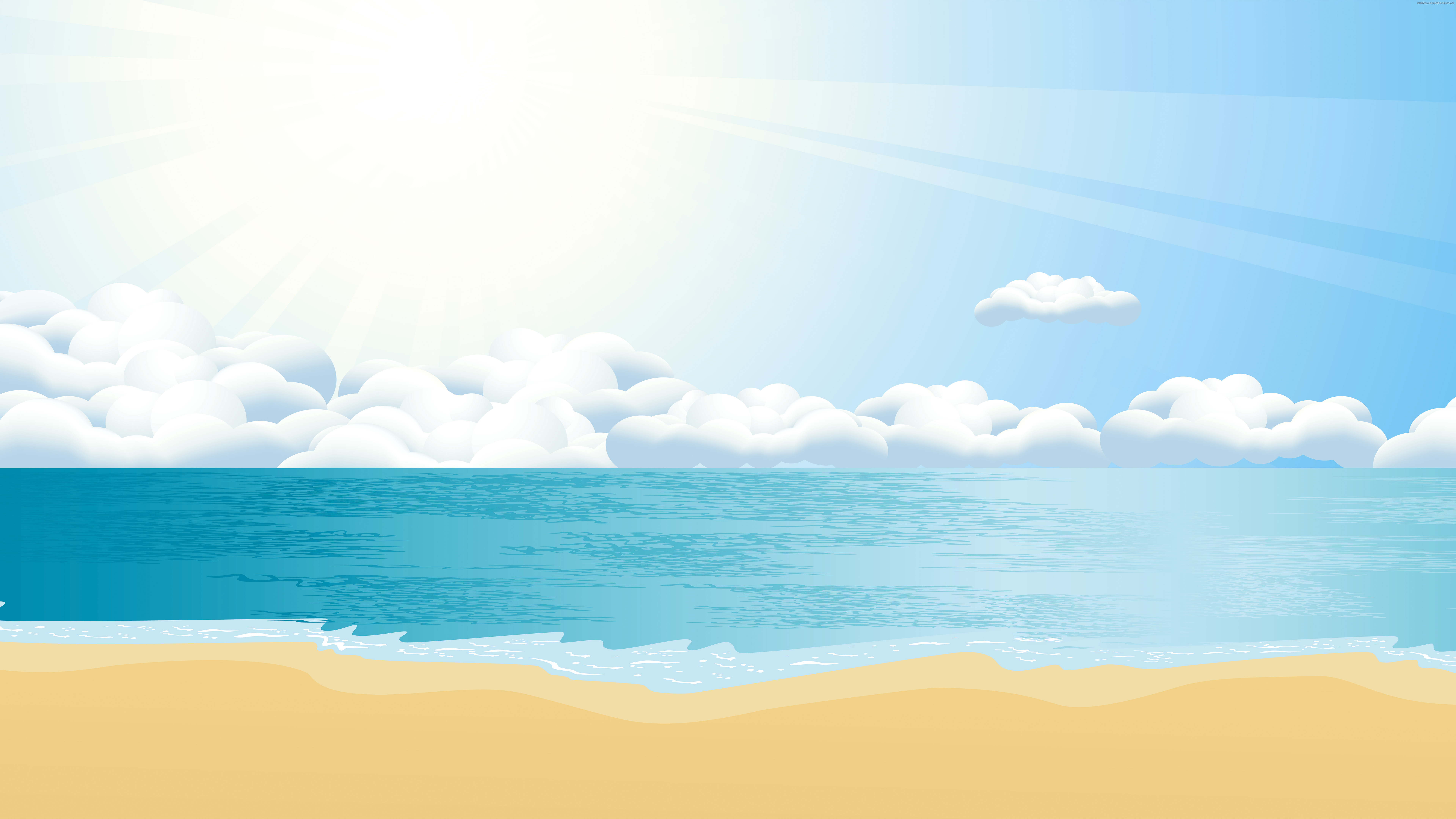 Zastaki.com - Спокойное нарисованное море с белыми облаками и желтым песком