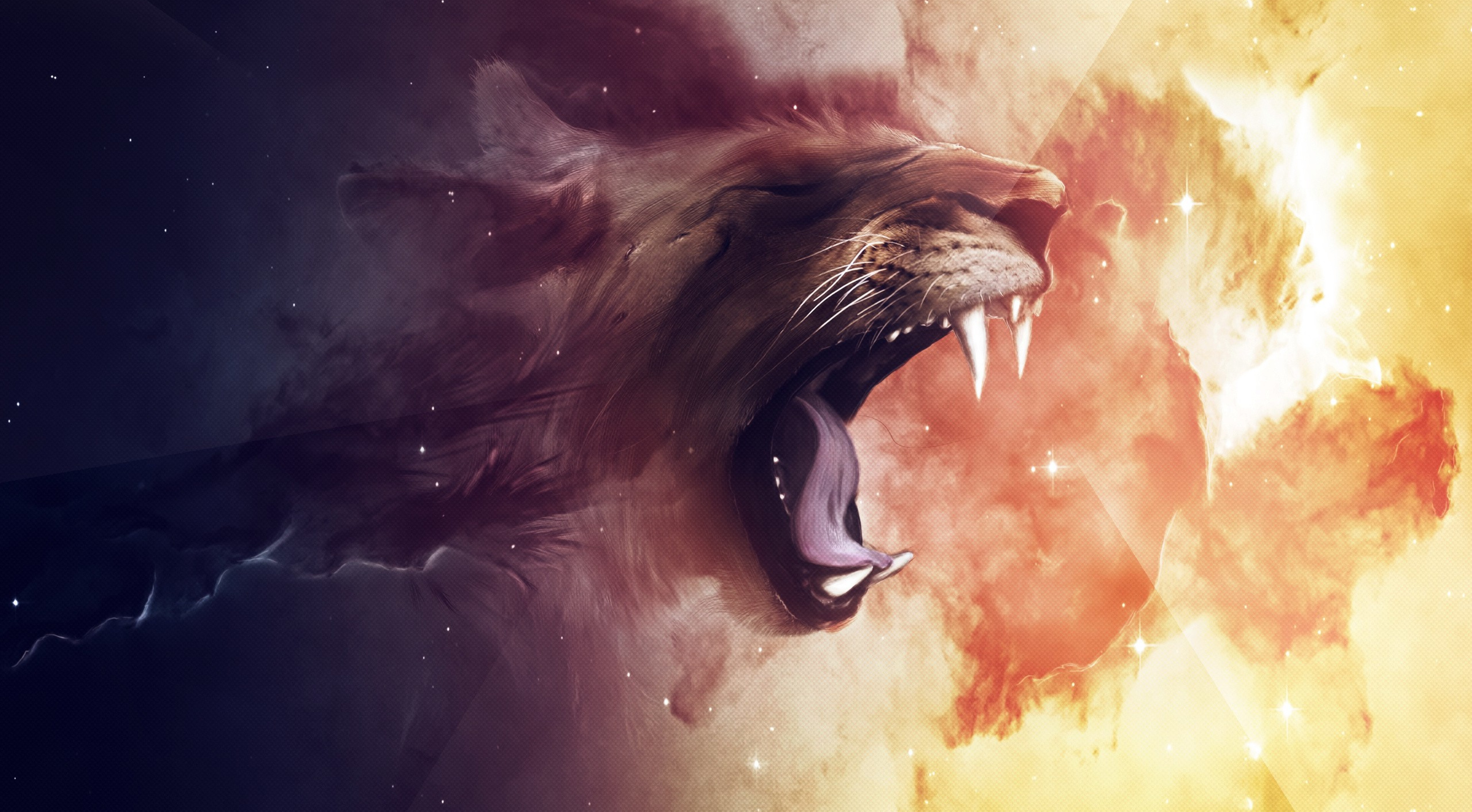 Zastaki.com - Нарисованный лев зевает на огненном фоне