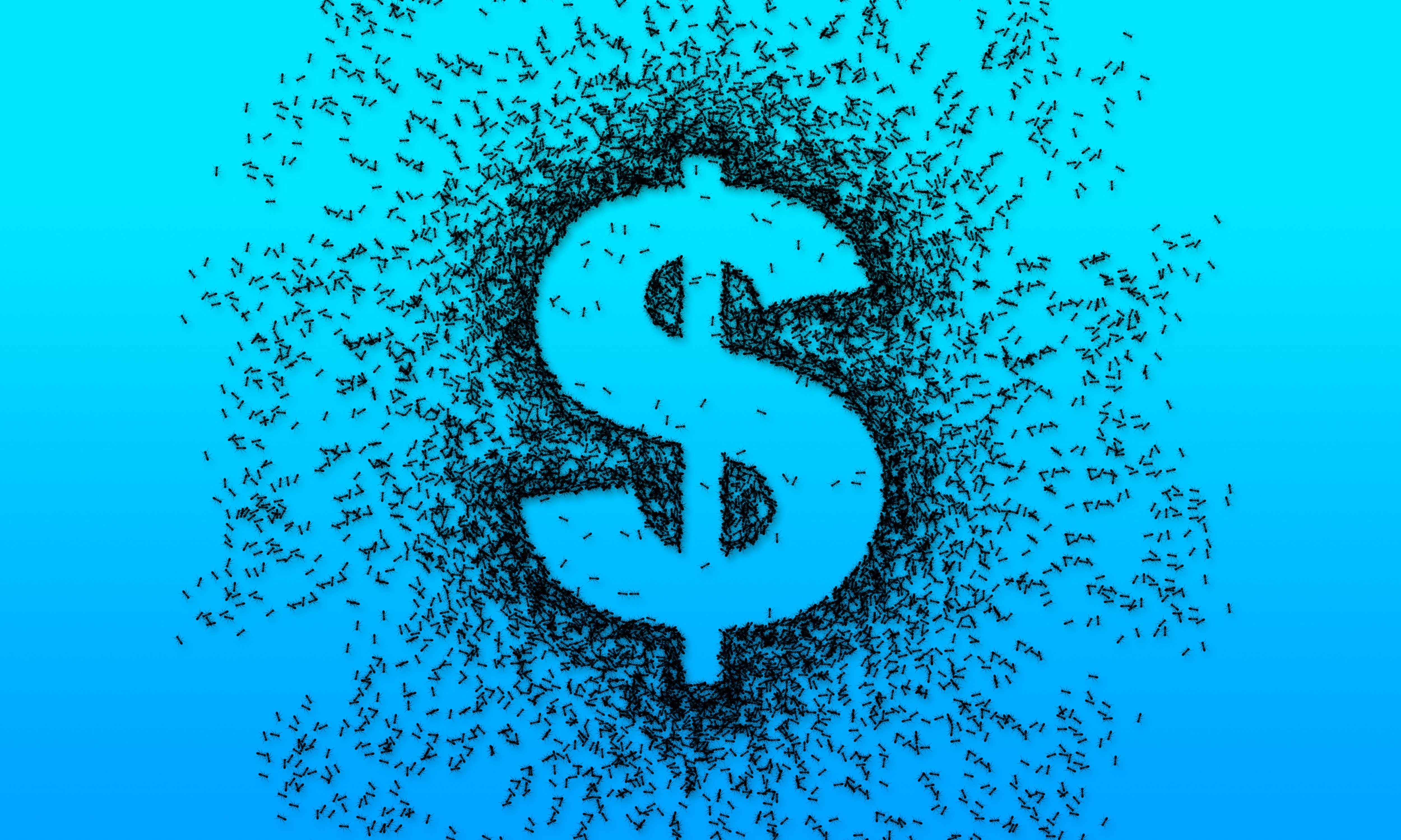 Zastaki.com - Знак доллар черными муравьями на голубом фоне