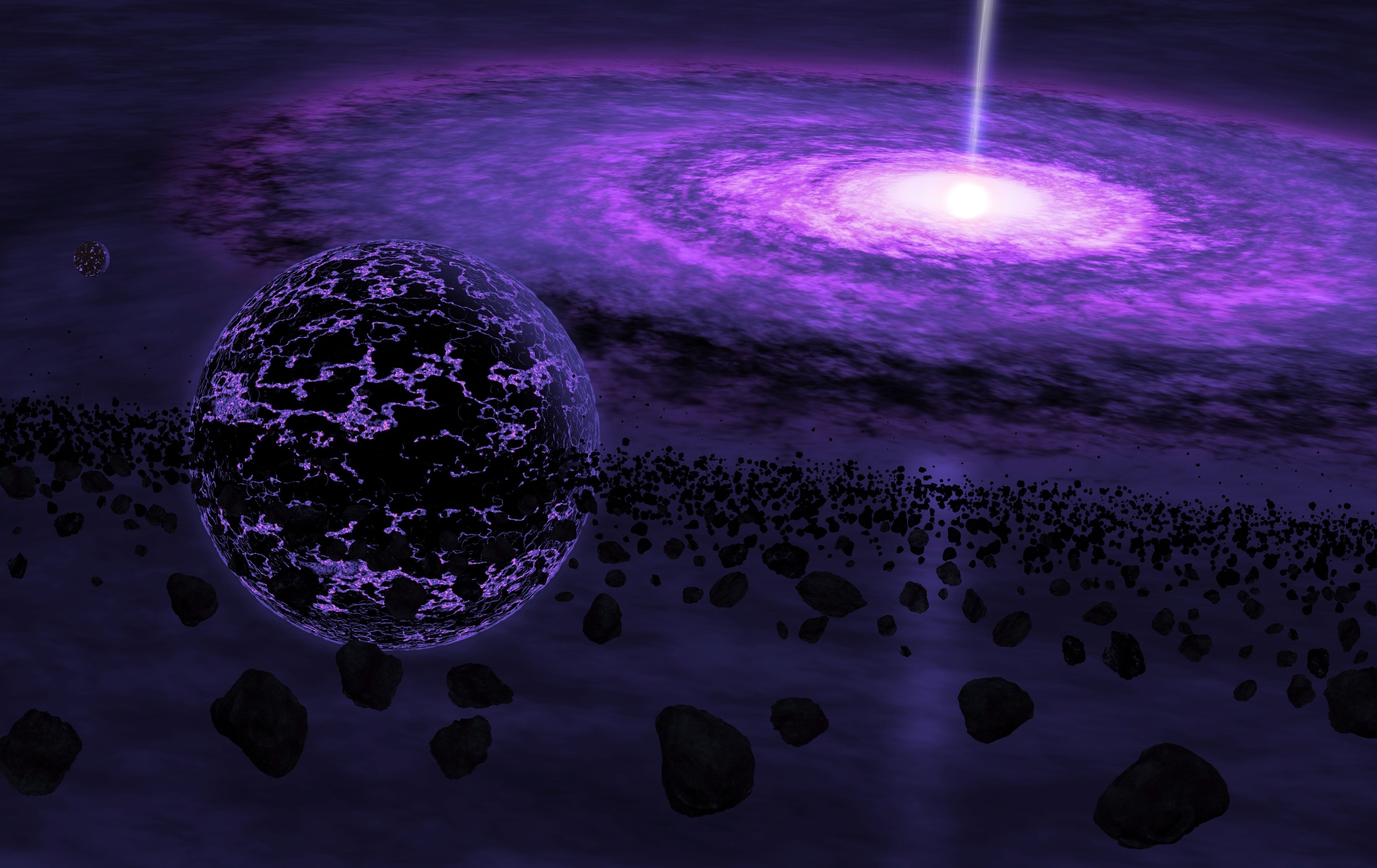 Zastaki.com - Черная дыра и планета с метеоритами в космосе 