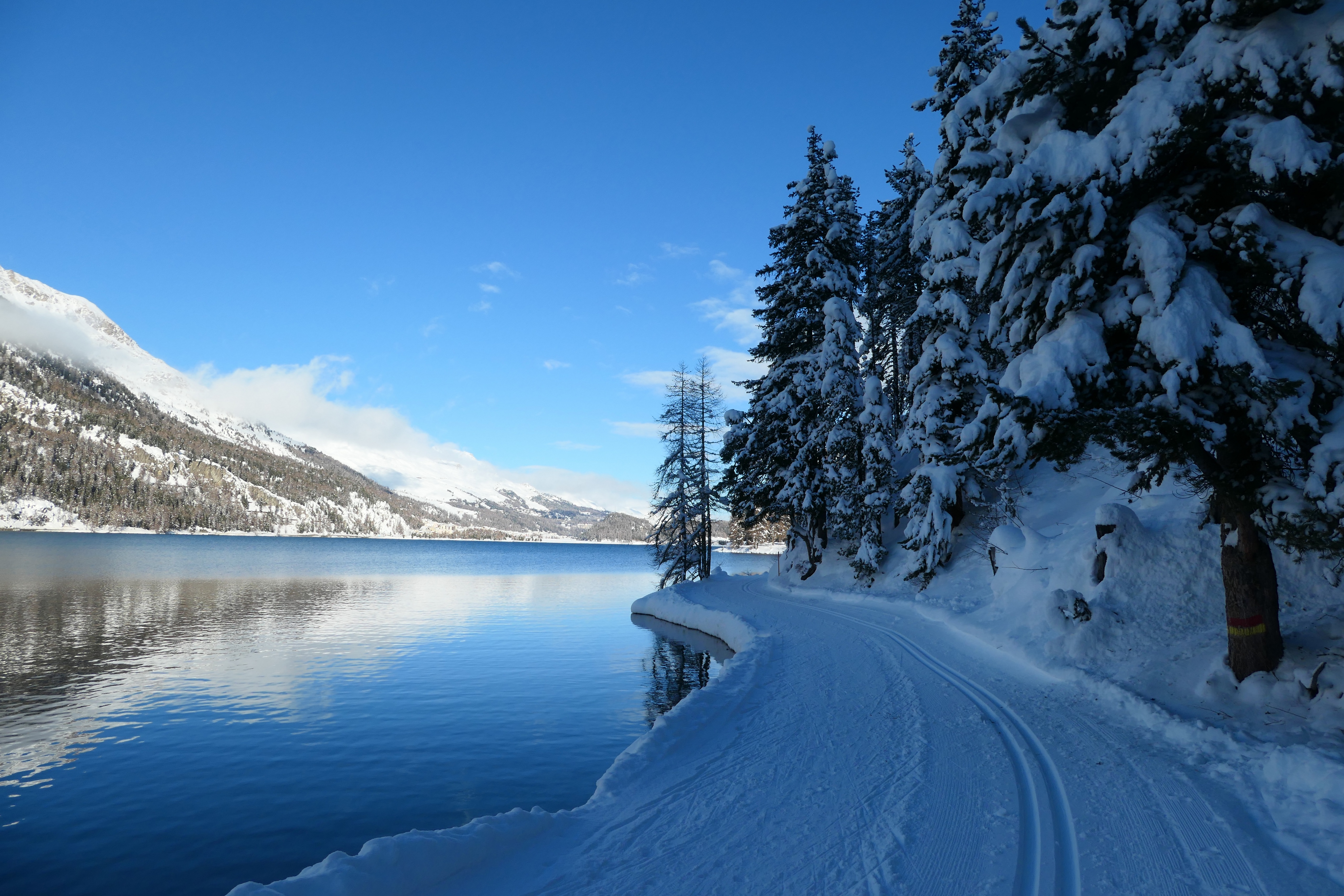 Zastaki.com - Покрытая снегом дорога у озера