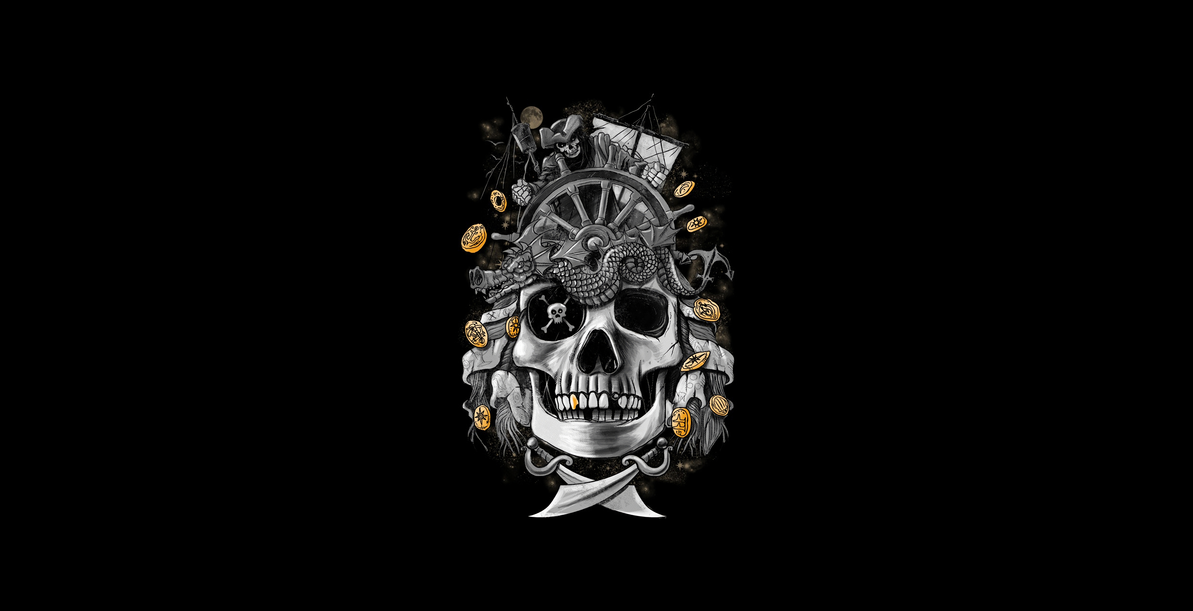 Zastaki.com - Пиратский череп с монетами на черном фоне