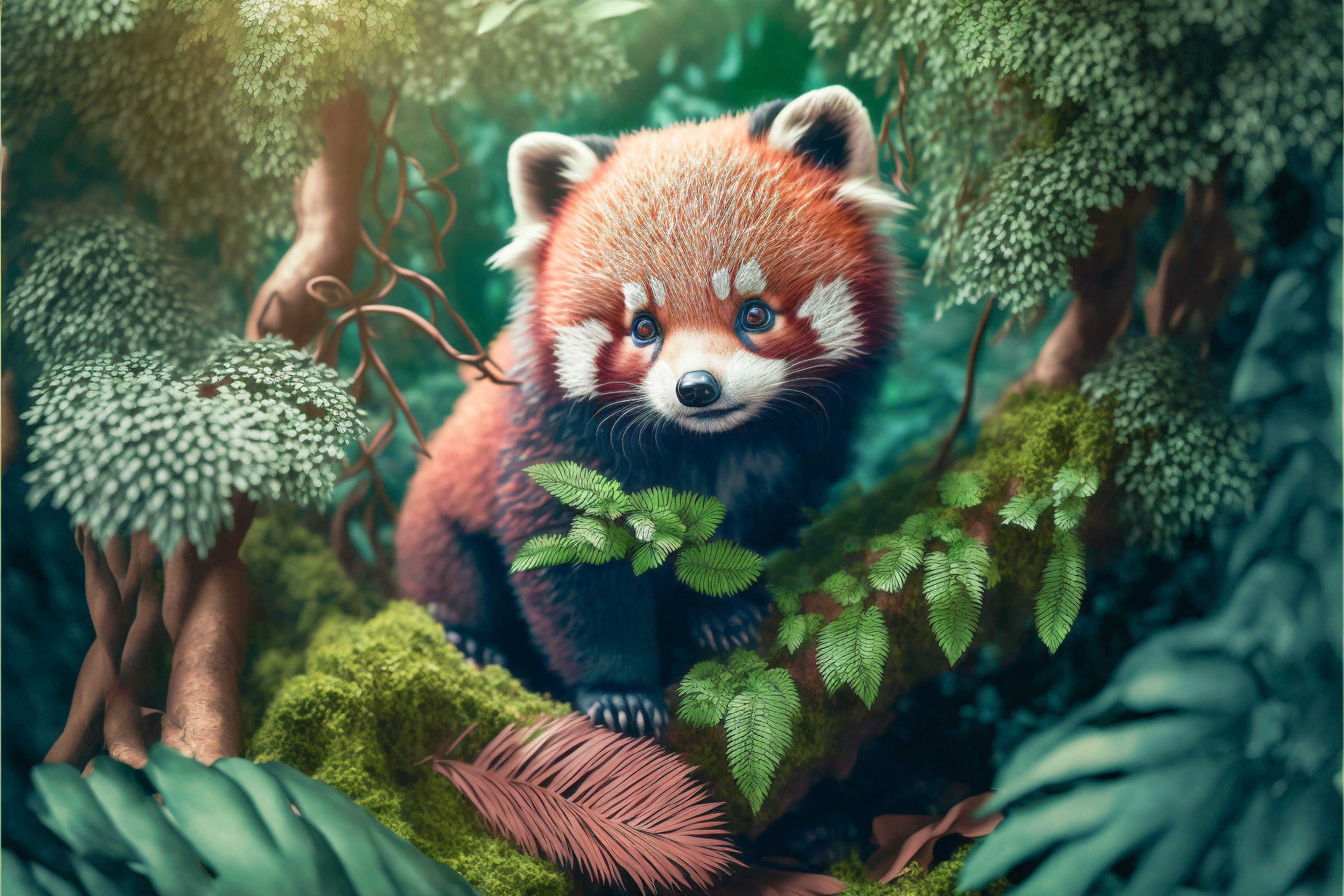 Zastaki.com - Нарисованная красная панда на ветке дерева