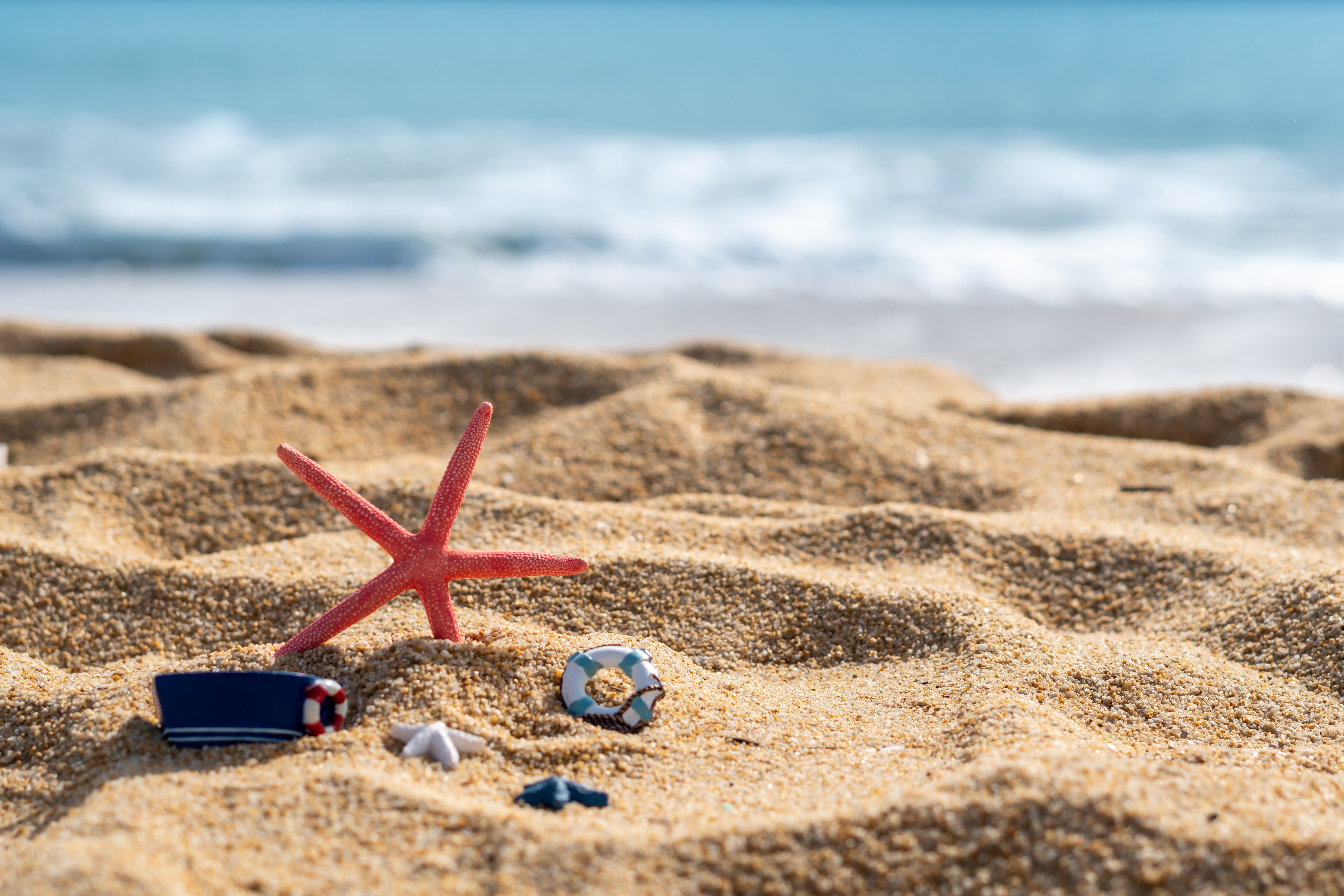 Zastaki.com - Красная морская звезда и игрушки на песке у моря летом